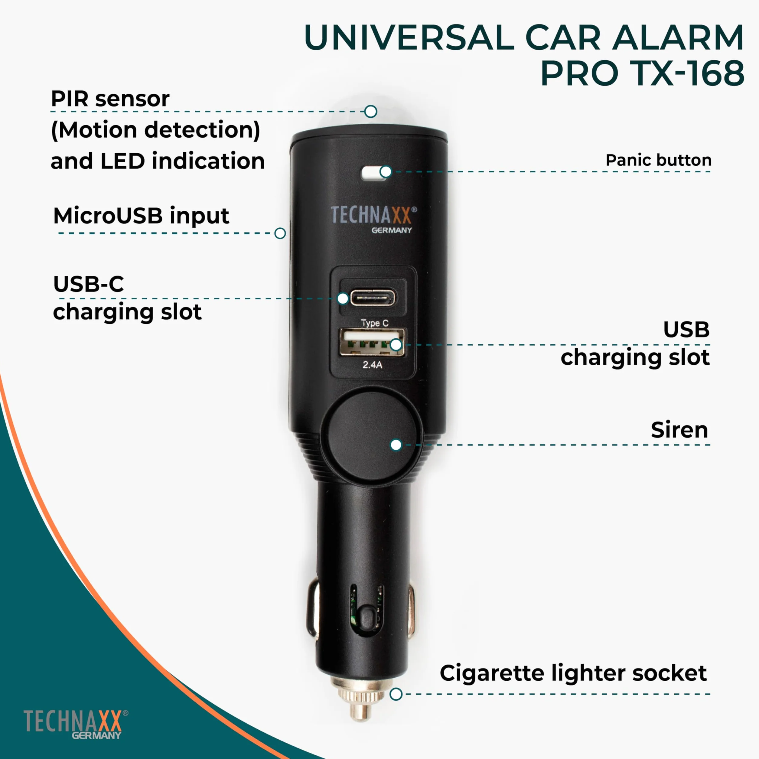 Technaxx Alarm samochodowy z czujnikiem PIR i syreną 105 dB TX-168 – system alarmowy do samochodu, przyczepy kempingowej, łodzi i domu – akumulator 7 dni, USB, przycisk paniki, pilot zdalnego
