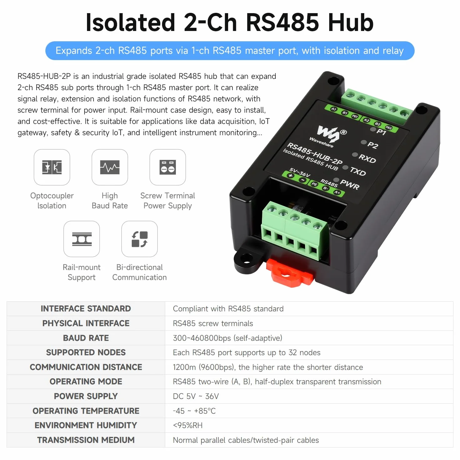 Waveshare Industrial-Grade Isolated 2-Channel RS485 Hub, Rail-Mount Support, Wide Baud Rate Range, Expands 2-ch RS485 Sub Ports Via 1-ch RS485 Master Port, with Isolation and Signal Relay