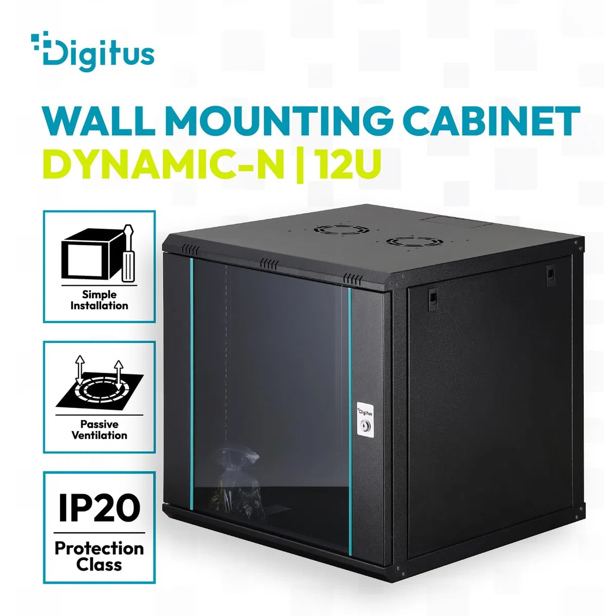 DIGITUS Szafa sieciowa – szafa 19-calowa 12U – niezmontowana – montaż na ścianie – głębokość 600 mm – głębokość użytkowa 470 mm – nośność 60 kg – szklane drzwi – seria Dynamic-N – czarna