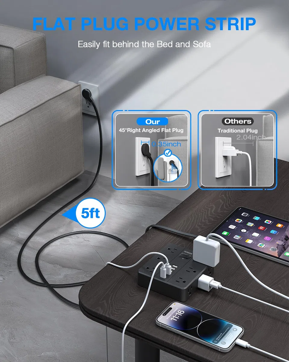 HUNIAN - Ochrona przeciwprzepięciowa z płaską wtyczką, przedłużacz 5 stóp z 12 rozstawionymi gniazdami wielokrotnymi, 6 ładowarkami USB (2 porty USB C), komputerowa stacja ładująca dla