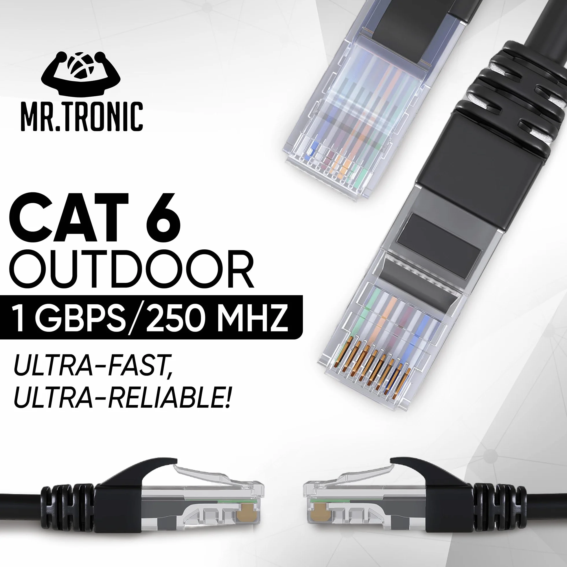 Mr. Tronic Zewnętrzny wodoodporny kabel Ethernet Cat 6 30 m, kabel sieciowy Ethernet o wysokiej prędkości LAN ze złączami RJ45, kabel internetowy Cat6, kabel krosowy ADSL AWG24, kabel UTP CCA (30 m,