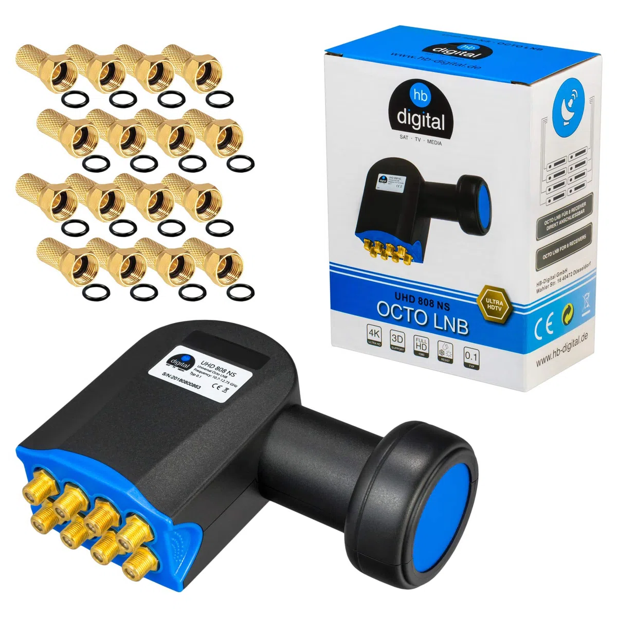 hb-digital Octo Ultra LNB NS LNC dla 8 uczestników/odbiornika [test bardzo dobry] bezpośrednie przyłącze Full HDTV 4K – pozłacane styki – nasadka chroniąca przed warunkami atmosferycznymi (przesuwana