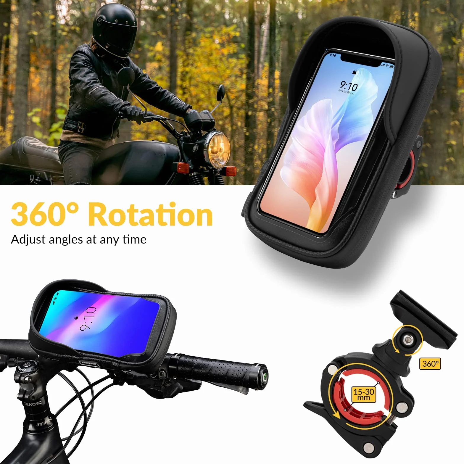 ROCKBROS Uchwyt na telefon komórkowy, torba rowerowa, wodoszczelna torba na kierownicę, obracana o 360°, do smartfonów o przekątnej ekranu 6,7", uchwyt na telefon komórkowy