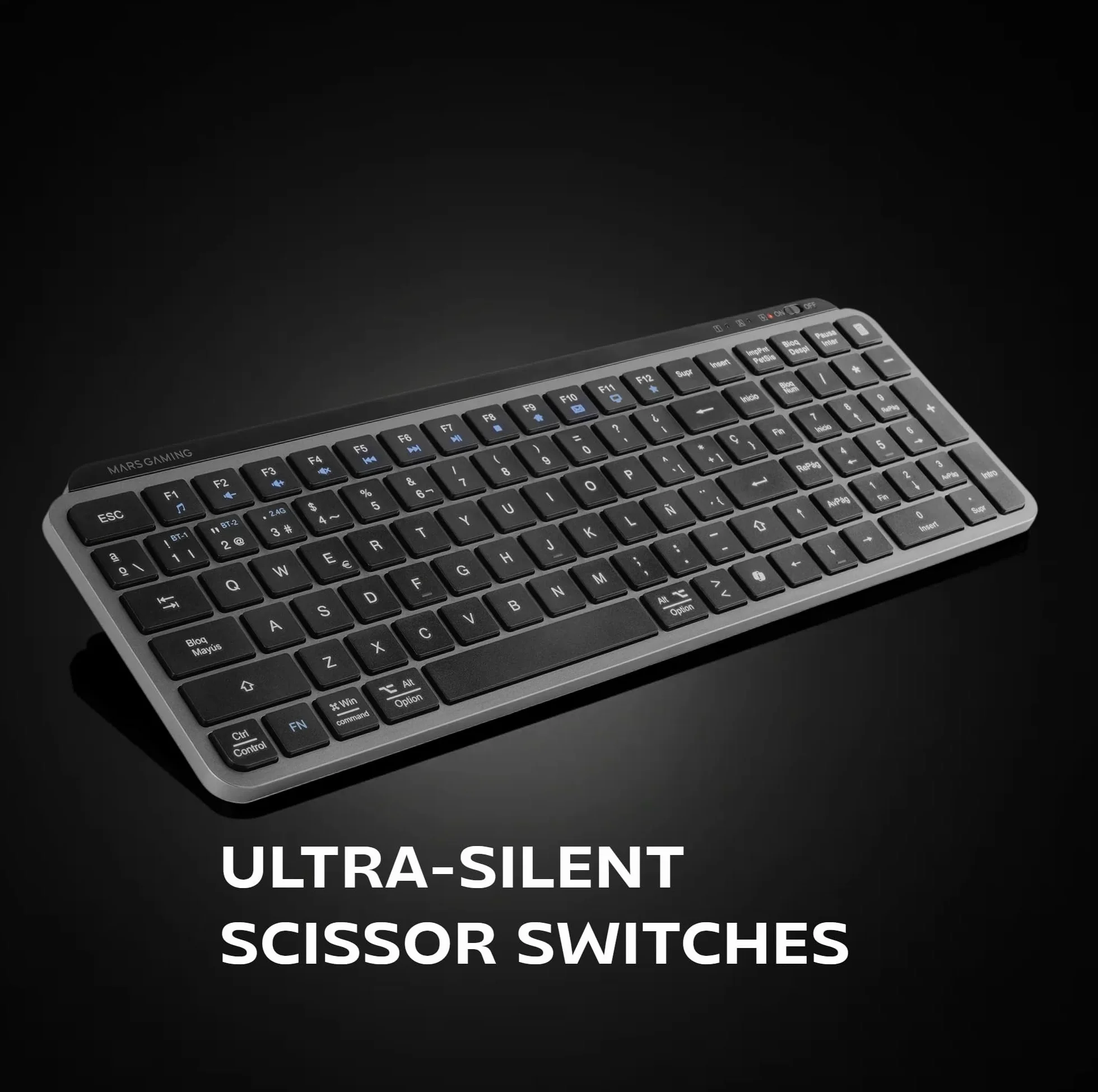 Mars Gaming MK-SILENKEYS, Bezprzewodowa Kompaktowa Klawiatura Pełnowymiarowa, Niski Profil, Ciche Przełączniki Nożycowe, Copilot AI, Bluetooth 5.1 Dual + 2.4GPRO, 200h, PC/Mac, Portugalski, Czarny