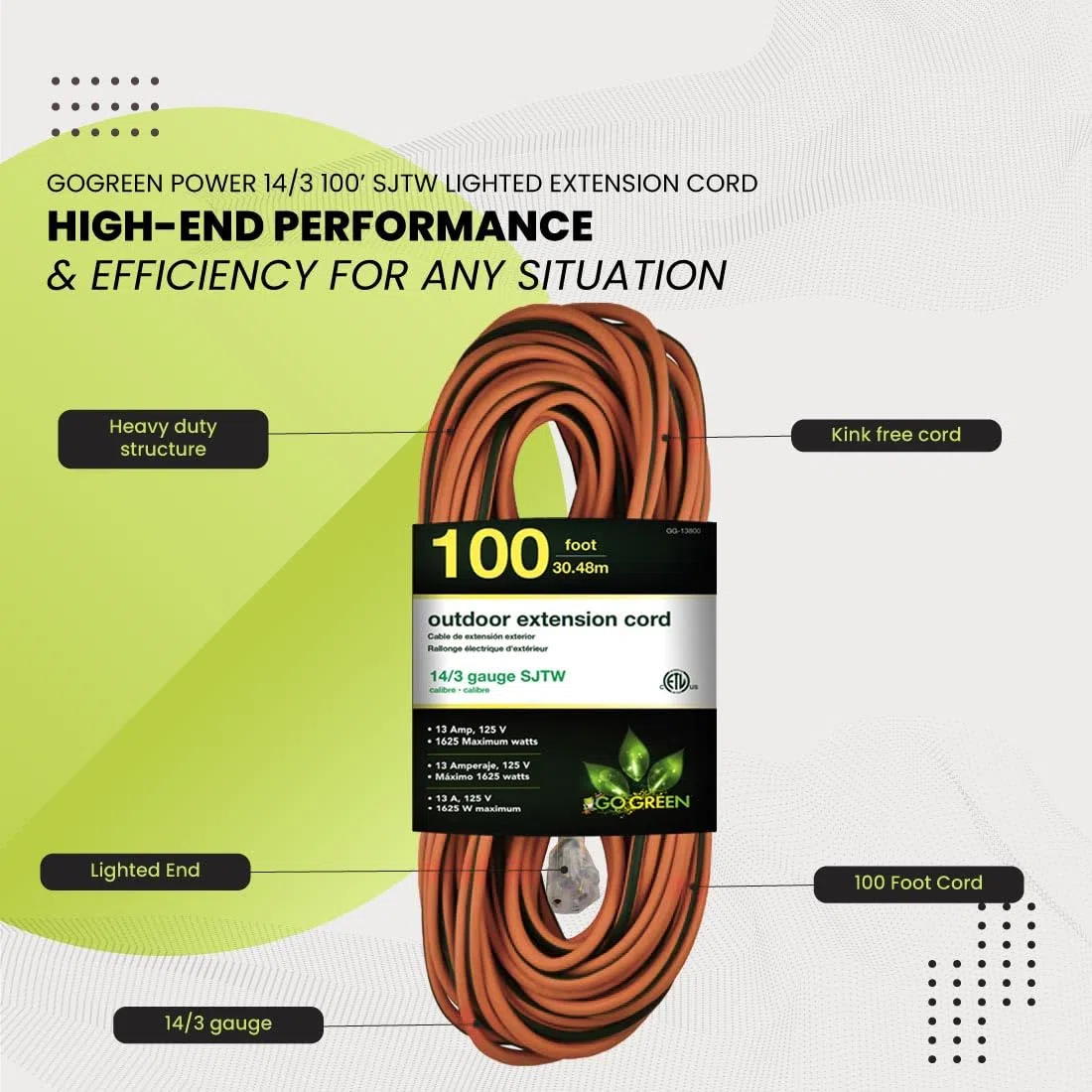 GoGreen Power GG-13800-14/3 25 cm SJTW przedłużacz zewnętrzny - oświetlony koniec