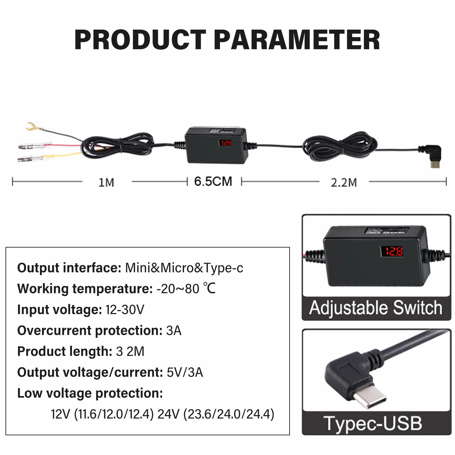 Zestaw okablowania kamery Dash Cam mini USB Hardwire 12V-24V w 5V z ochroną niskiego napięcia