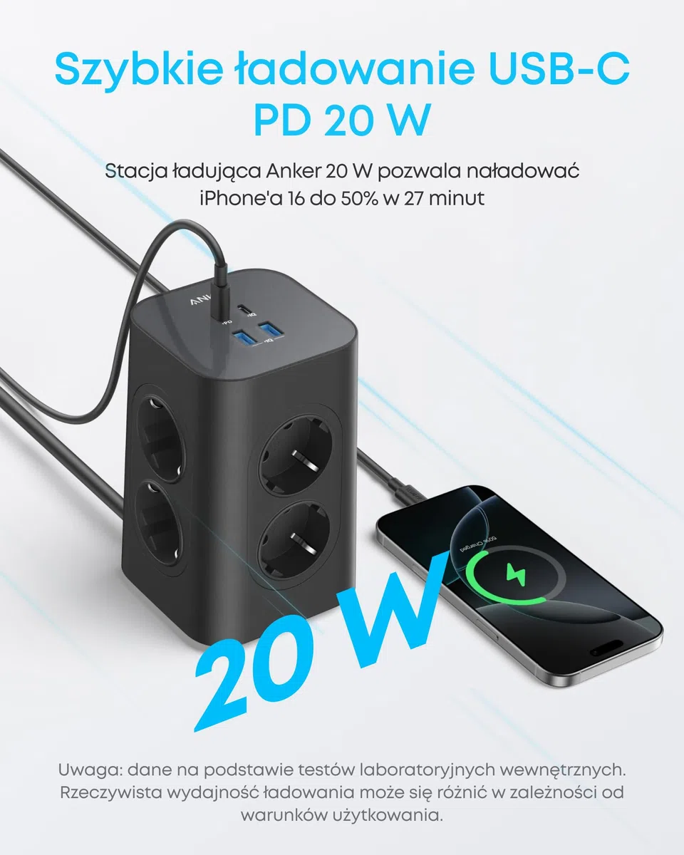 Anker listwa zasilająca 8 gniazd + 4 USB, 20W USB-C szybkie ładowanie, ochrona przepięciowa, wyłącznik, 2 m kabel, do biura, domu, gamingu | Do iPhone 13/13 Pro/12/12 Pro Max/11 Pro/X/XS/XR/8 Plus, do ładowarek typu C