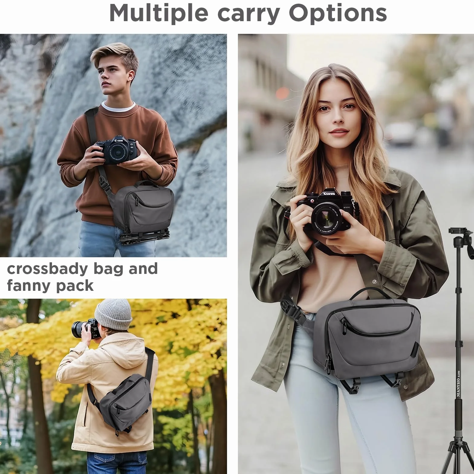 TAAOKA torba na aparat, wodoodporna torba na aparat z uchwytem na statyw, torby na aparaty DSLR/SLR/Mirrorless Crossbody dla fotografów, szary, 12.6 x 5.1 x 7.8 inches, Moda