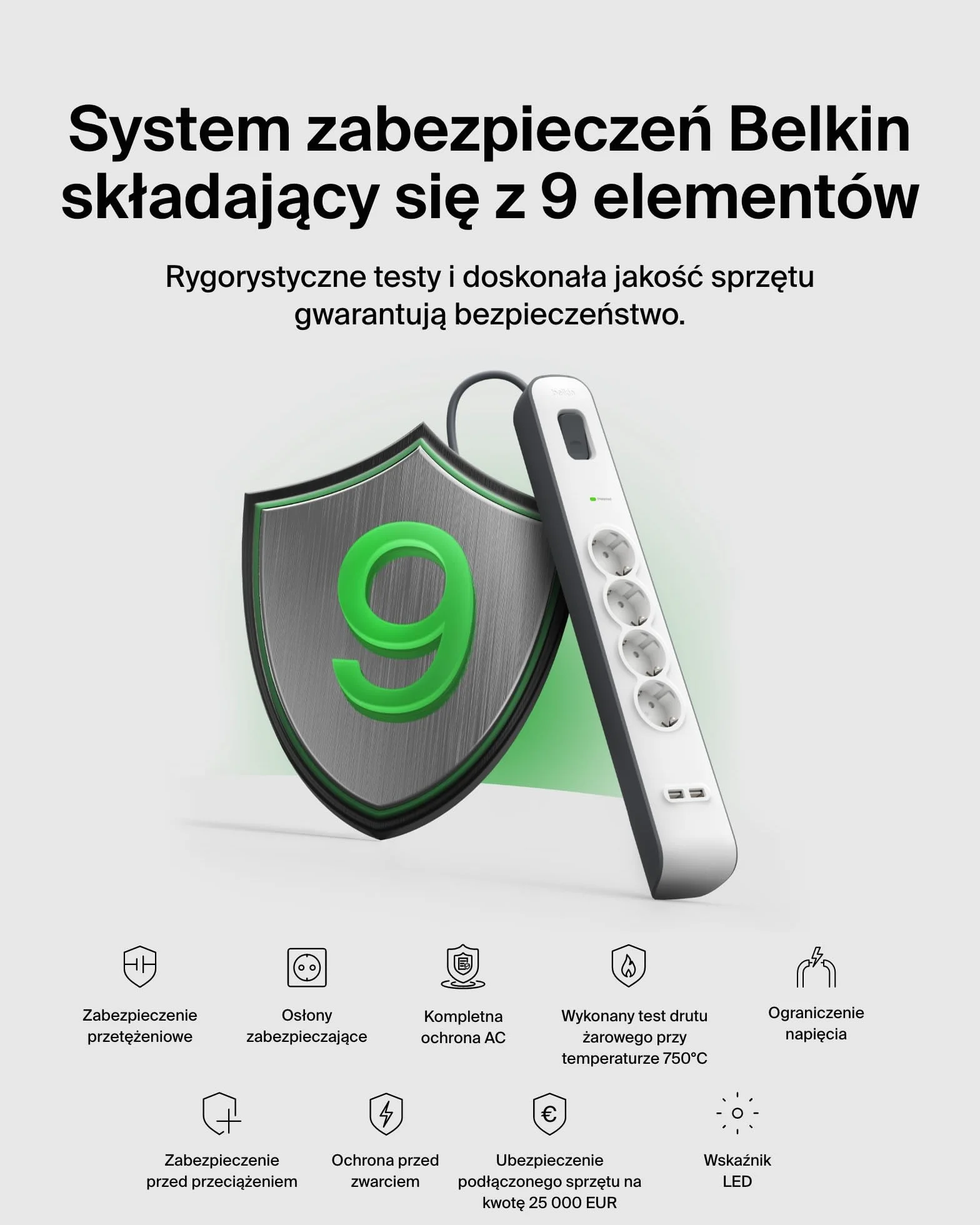 Belkin Surge Plus listwa zasilająca z 4 gniazdami z zabezpieczeniem przeciwprzepięciowym (w zestawie 2 złącza USB z kablem 2,4 A, 2 m) biała/szara