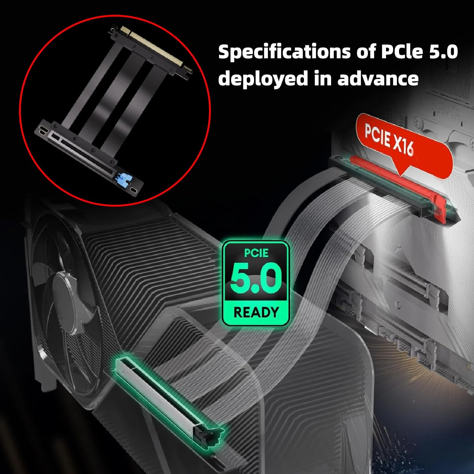 Asixxsix Kabel Riser PCIE 5.0, Kabel Przedłużający do Karty Graficznej GPU Gen 5, PCI-E 16X 128 GB/s, Zgodny z PCIE 4.0, dla RTX4090 5090, dla RX8900 RX7900 (20 cm)