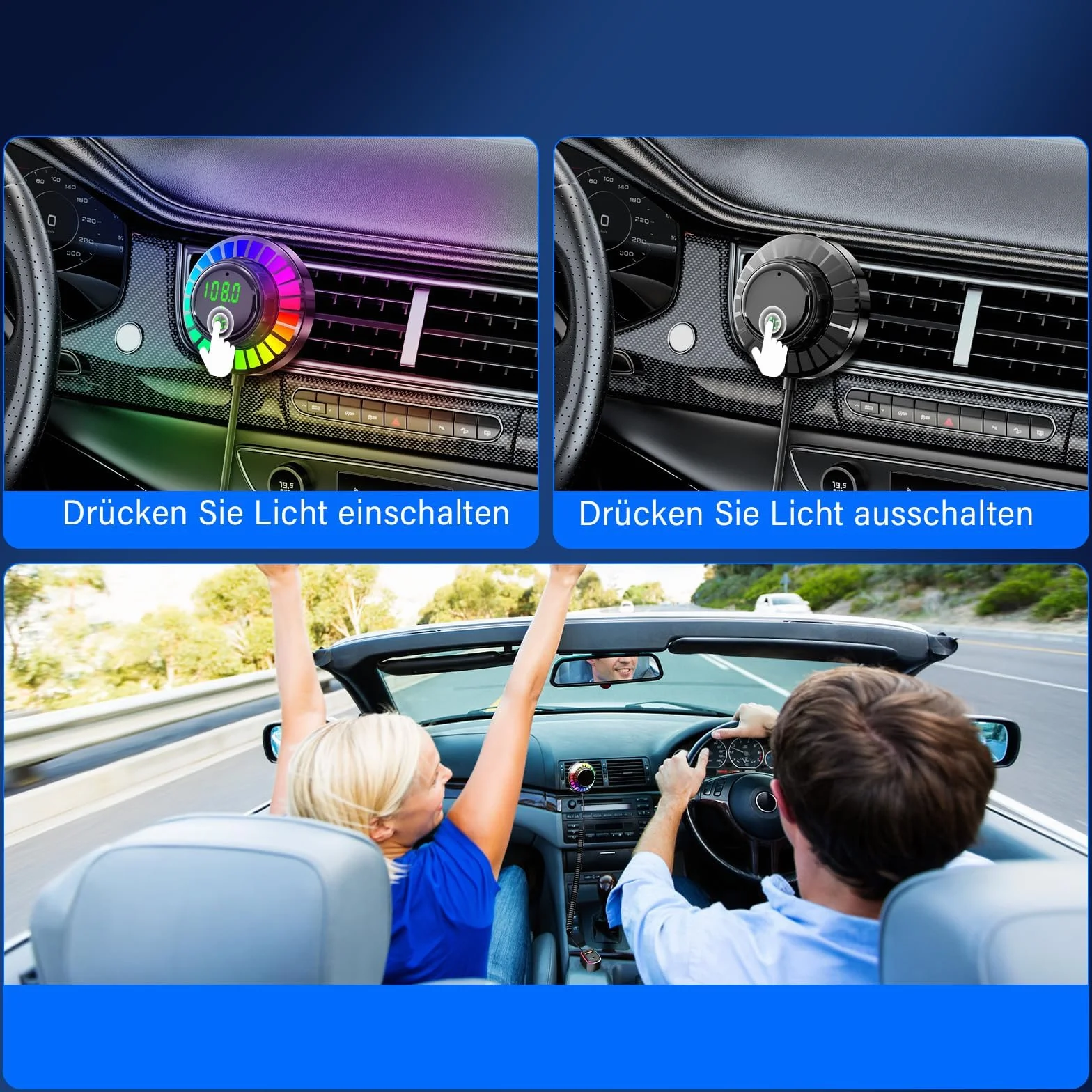 Adapter Bluetooth samochodowy FM z RGB, zestaw głośnomówiący Bluetooth 5.3, PD30W USB-C QC3.0, ładowarka samochodowa do iPhone Android