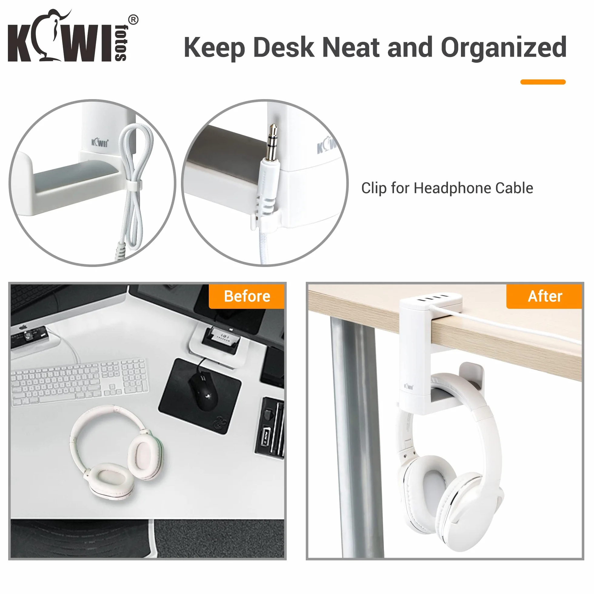 KIWIFOTOS Stojak na słuchawki z obrotowym wieszakiem na słuchawki o 360° + regulowanym zaciskiem sprężynowym, uchwyt na słuchawki do gier na biurko - z USB 3.0 x1 + USB 2.0 x3 - biały
