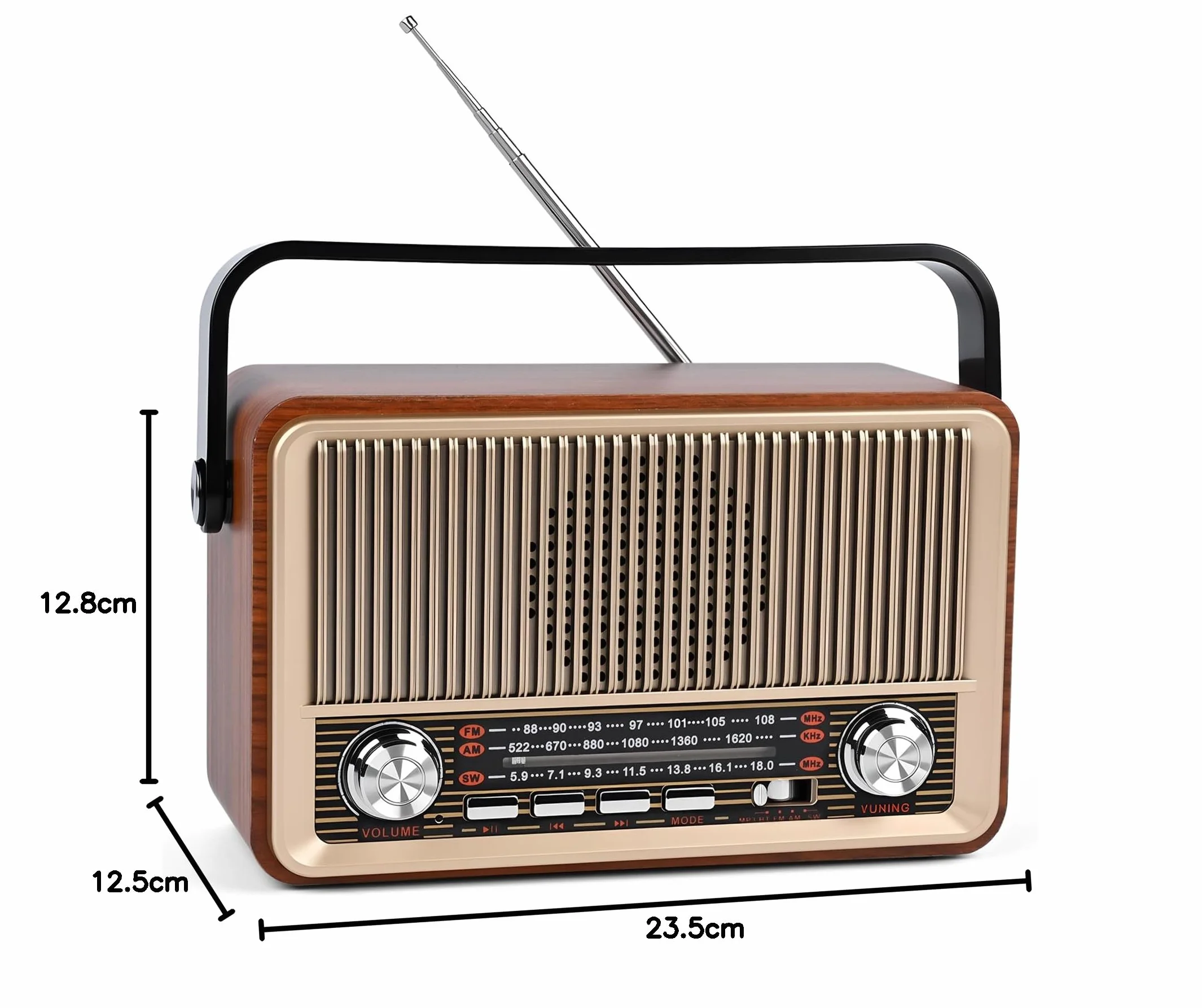 Radio retro Bluetooth 5.1 AM SW FM Vintage z baterią 1200 mAh USB/TF