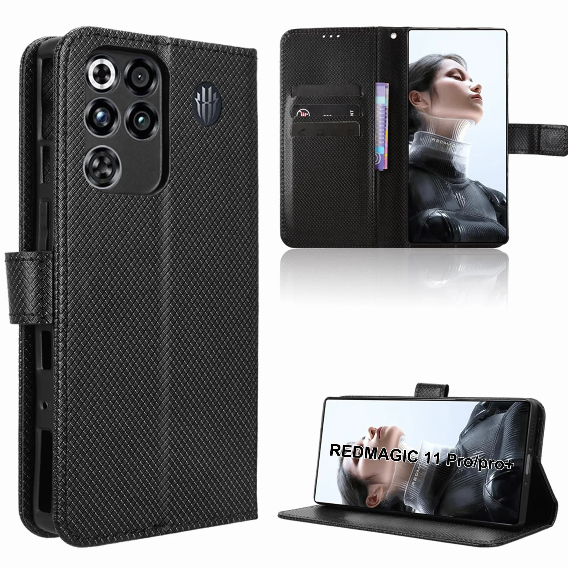 Etui na telefon komórkowy REDMAGIC 11 Pro, odporne na uderzenia, z włókna węglowego premium [składane klapki] [torba z funkcją stojaka] - czarne
