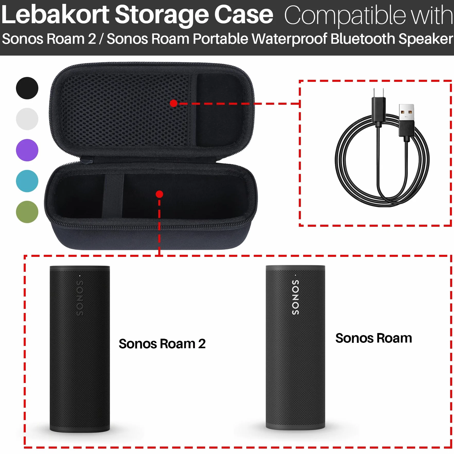 Lebakort Twarde etui do Sonos Roam/Sonos Roam 2 przenośny wodoodporny głośnik Bluetooth, czarny
