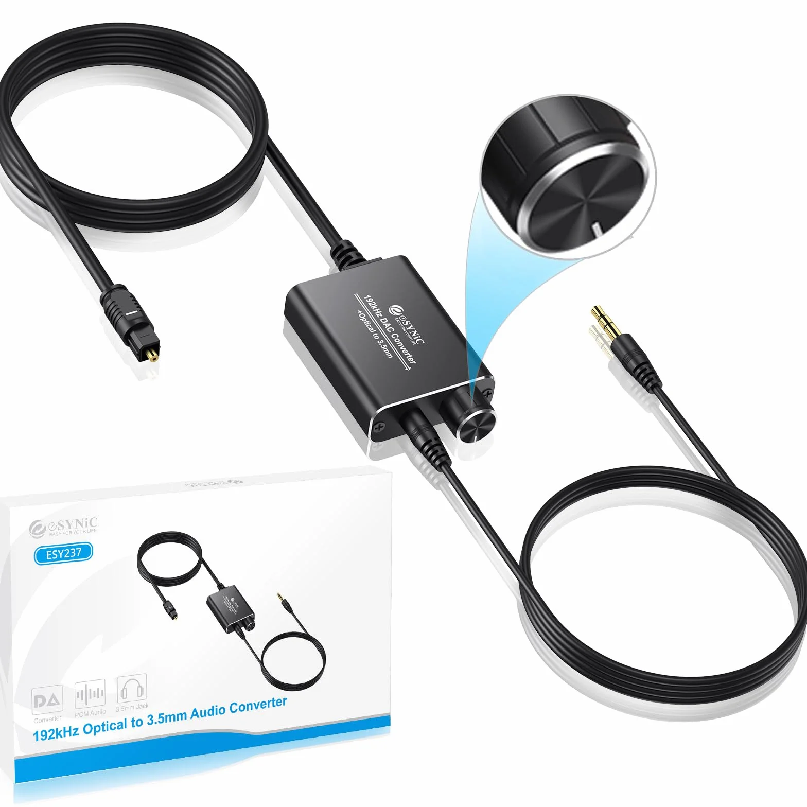 eSynic Konwerter DAC 192 kHz SPDIF na 3,5 mm AUX cyfrowy na analogowy konwerter audio optyczny Toslink do 3,5 mm adapter audio