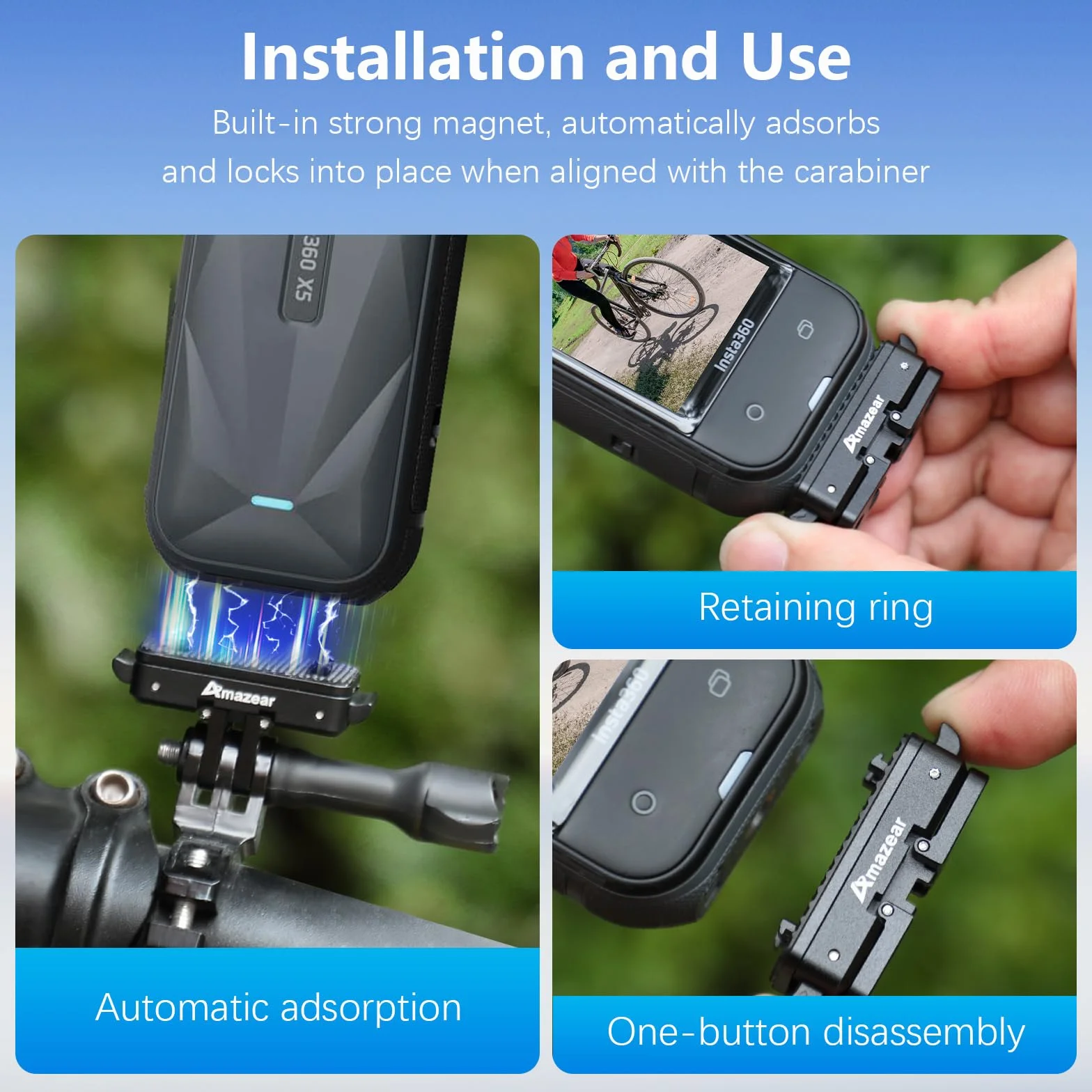 AMAZEAR Magnetyczny uchwyt szybkiego zwalniania do akcesoriów pneumatycznych Insta360 X5 X4, Insta 360 X5 / Ace Pro 2, adapter QR ze stopu aluminium z Go-Pro i uchwytem gwintowanym 1/10.2 cm-20