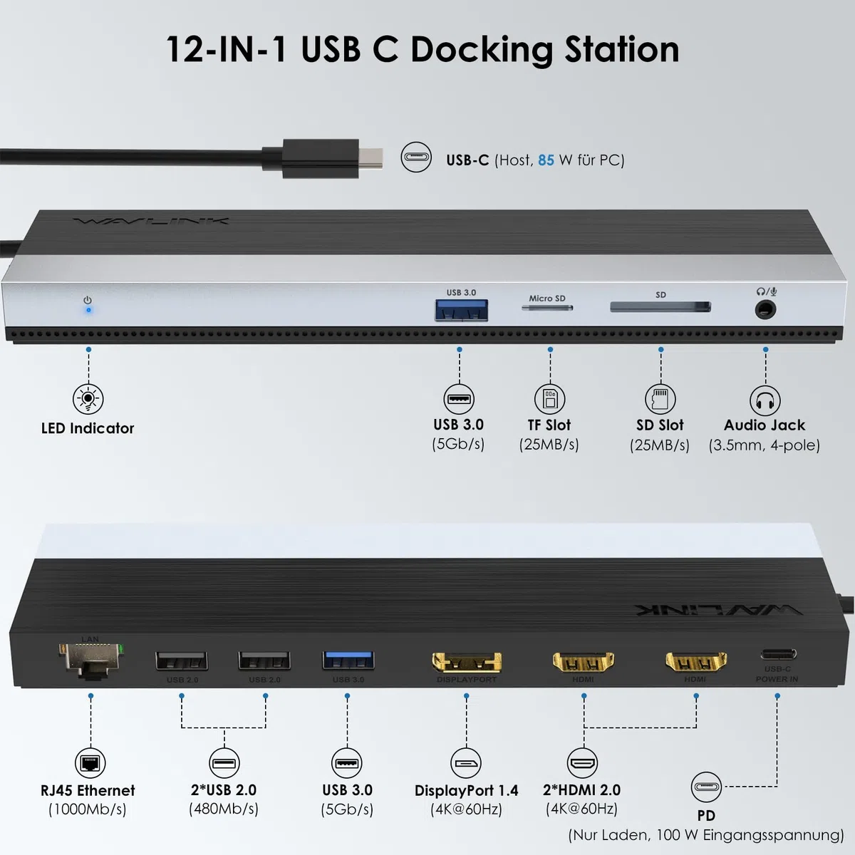 WAVLINK Stacja dokująca USB C, 3 monitory, stacja dokująca z podwójnym HDMI, DP, 100 W PD, USB 3.0 i 2.0, RJ45, gniazda SD/TF, audio/mikrofon, kompatybilna tylko z komputerami z systemem Windows