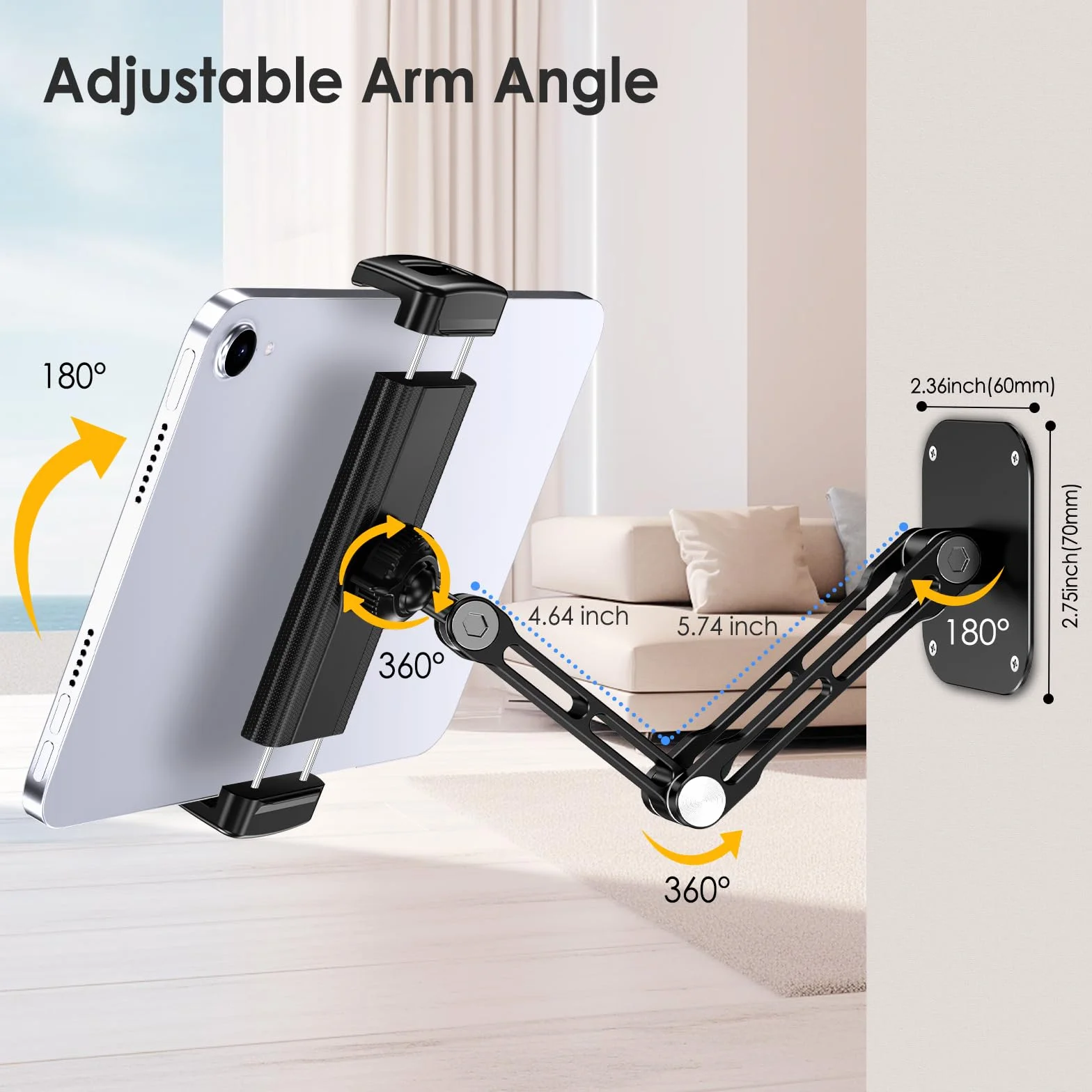 Uchwyt ścienny na tablet, aluminiowy wysuwany uchwyt ścienny, z obrotową podstawą o 360°, regulowany i składany, do iPad Pro Air Mini, Samsung Galaxy Tab, wszystkich telefonów i tabletów o