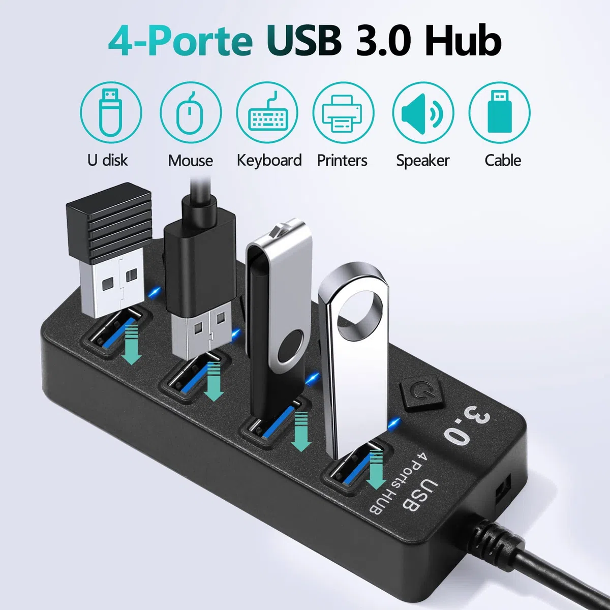 Hoppac Hub USB 3.0 i 2.0, 1 Port USB 3.0 i 3 Porte USB 2.0, Adapator z Lampką LED