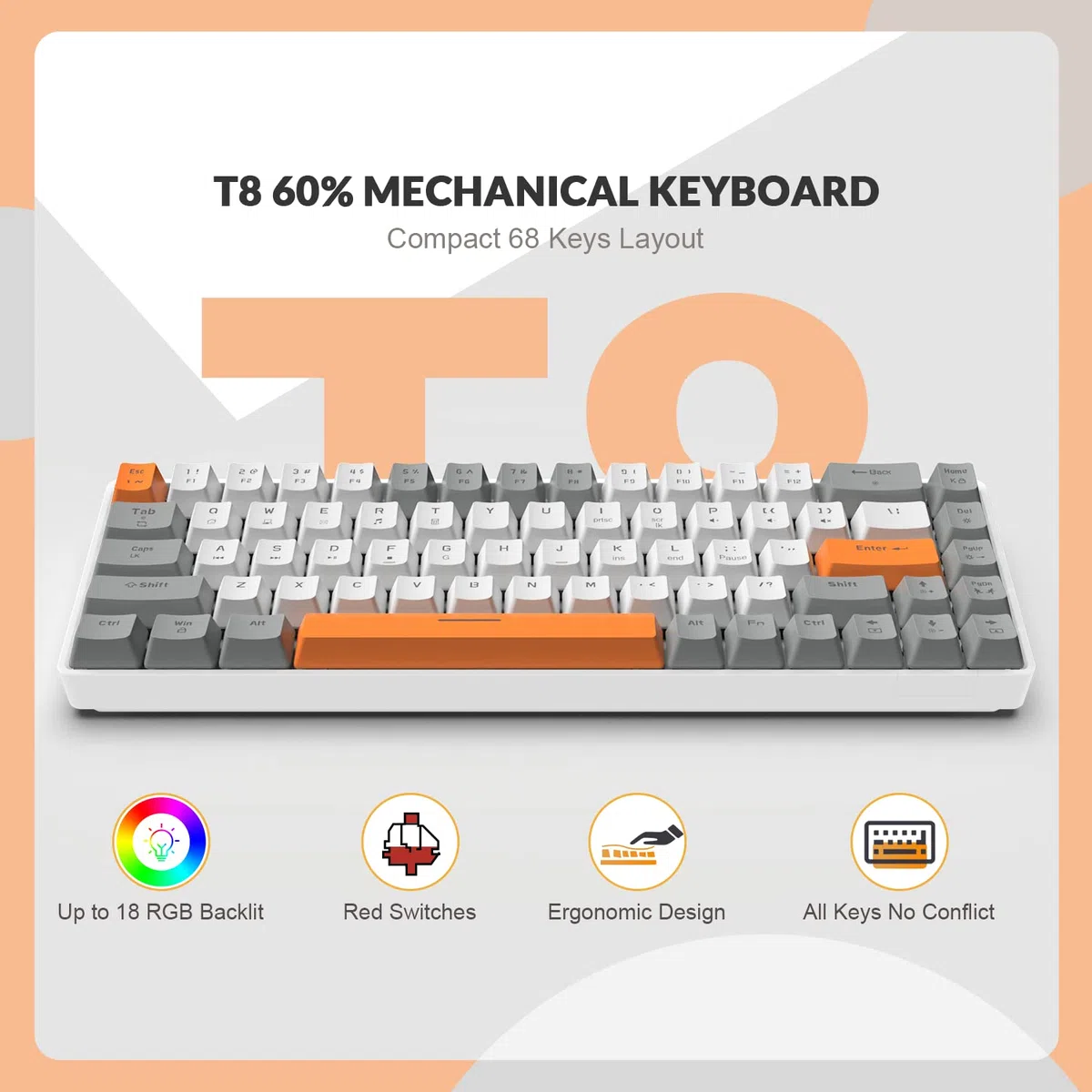 YINDIAO T8 60% Klawiatura do Gier,68 Klawiszy Kompaktowa Mini Przewodowa Klawiatura Mechaniczna z Podświetleniem 18 Chroma RGB,Czerwony przełącznik,Spiralny Kabel USB C,na PC,PS4-Jasny Szary