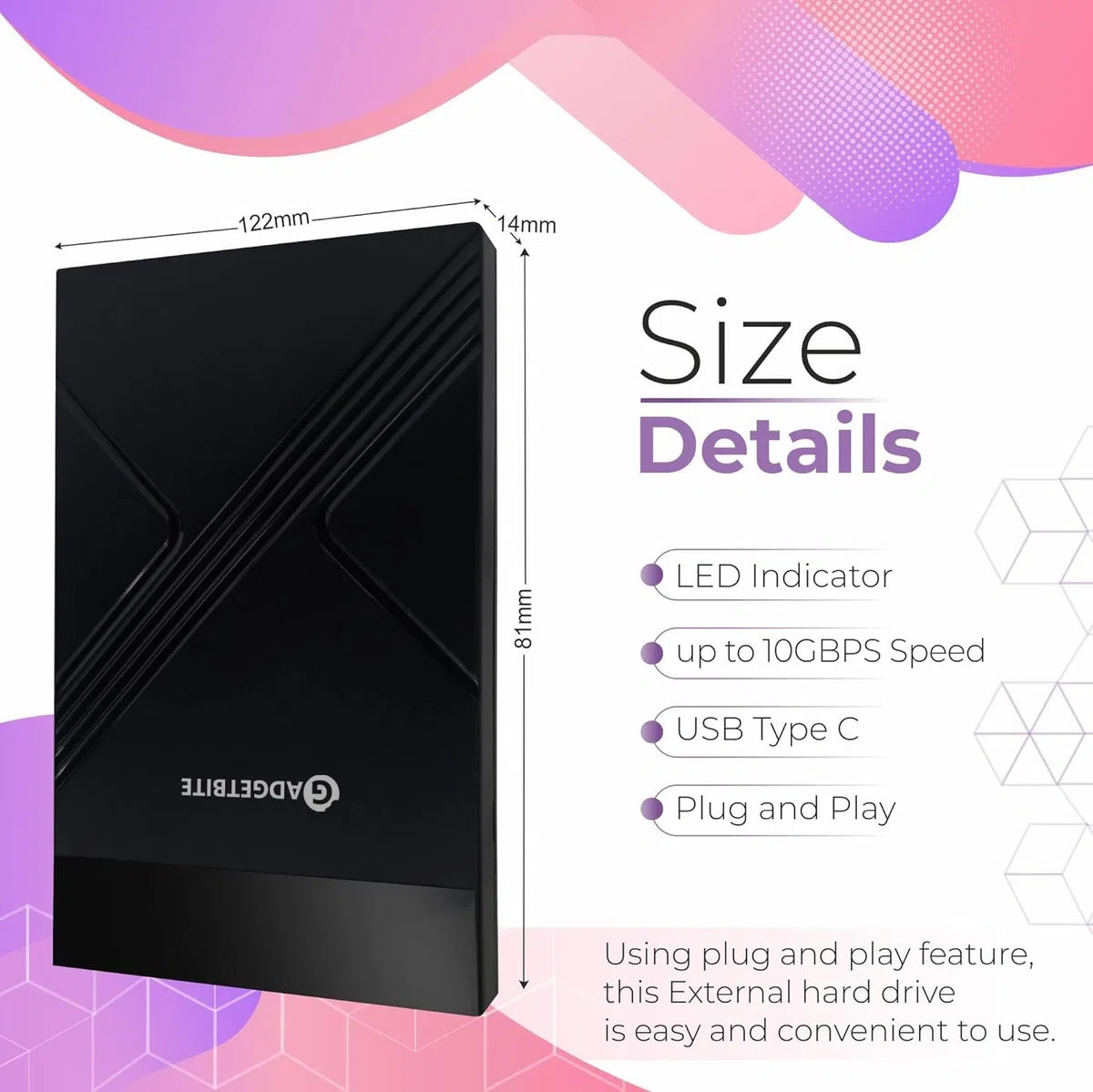 Gadgetbite Obudowa SSD, beznarzędziowa obudowa zewnętrznego dysku twardego z szybką prędkością transferu do 5 Gb/s i pojemności do 4 Tb z 2,5 SATA SSD/HDD (czarna, USB do typu C)