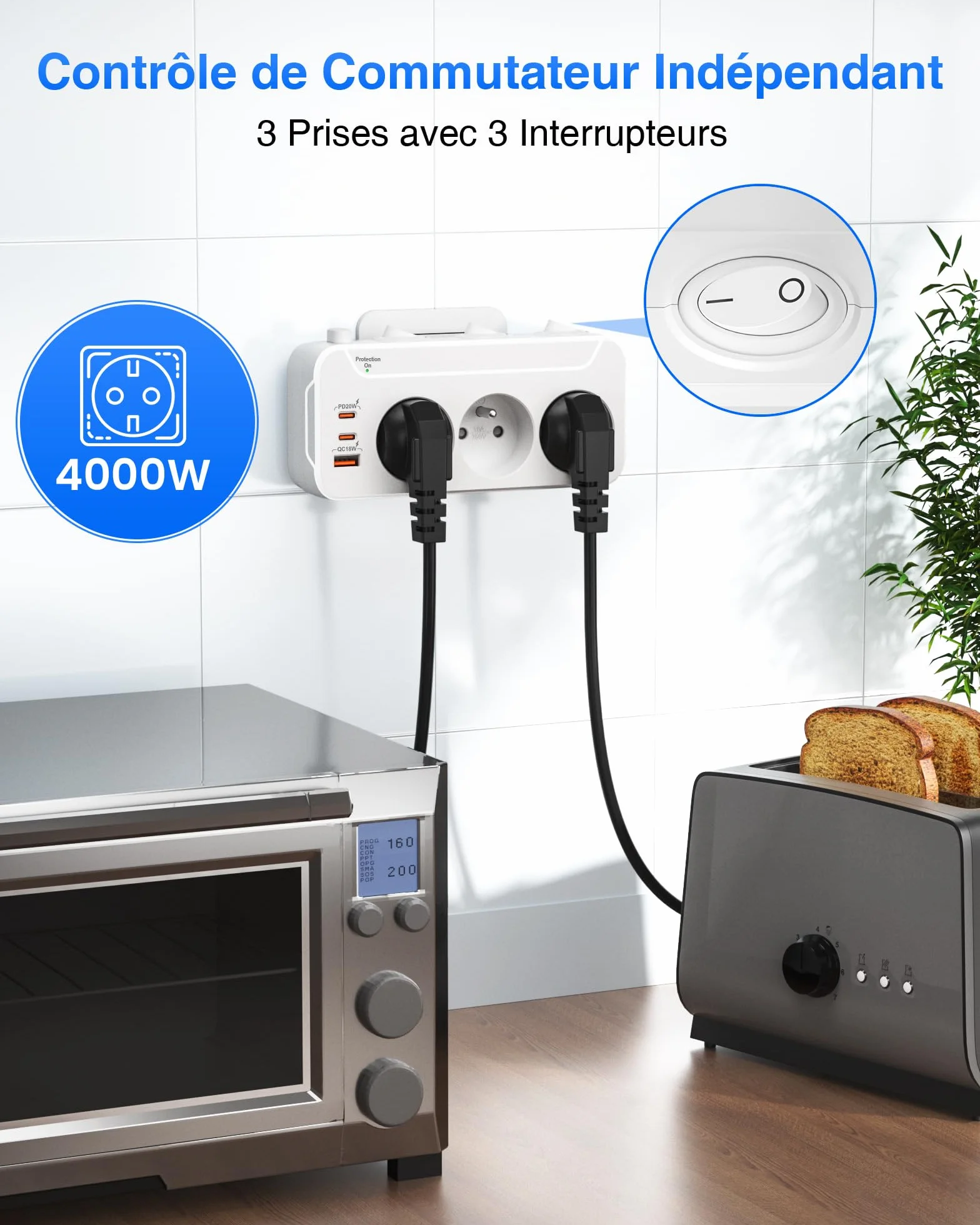 Listwa Zasilająca 3 Gniazdo, PD20W Wielokrotne Gniazdo z Wyłącznikami,Listwa Zasilająca Przeciwprzepięciowa 3 Gniazda Elektryczne,Rozdzielacz Elektryczny Adapter do Gniazdka z Type-c,Biały