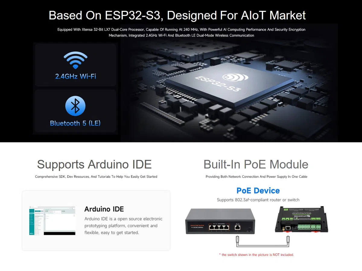ESP32-S3 8-Ch cyfrowy kontroler wejścia i wyjścia, dwurdzeniowy procesor, wbudowany moduł PoE, obsługa portu WiFi/Bluetooth / RS485 / CAN/Eth itp. Wiele obwodów ochrony izolacji
