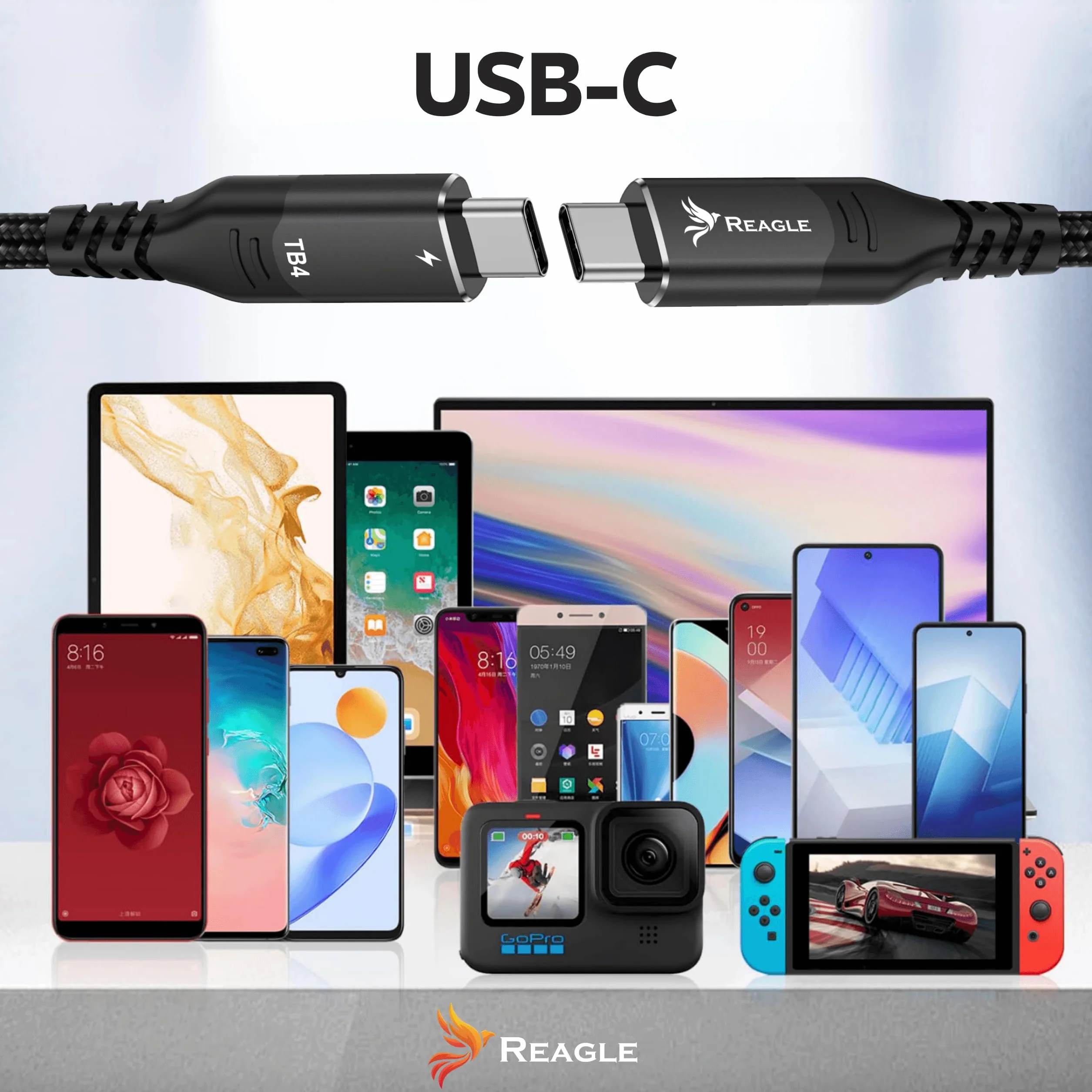 Reagle Kabel Thunderbolt 4 USB-C Do USB-C 2M, 40 Gbit/s, Power Delivery 100 W, 8K 60 Hz, 4K 120 Hz, Kompatybilny Z MacBook Pro/Air, iPhone 17/16, iMac, USB4, Thunderbolt 3, Monitor, Dock, SSD