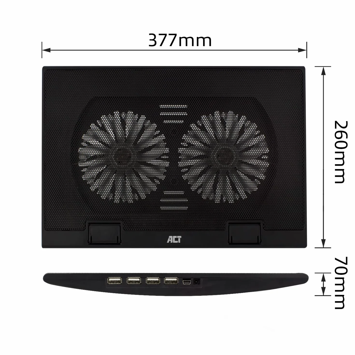 ACT Podkładka chłodząca do laptopa 43.2 cm, biznesowy stojak na laptopa z regulacją wysokości (2 ergonomiczne pozycje), 2 ciche wentylatory do biura, 4-portowy hub USB - AC8105