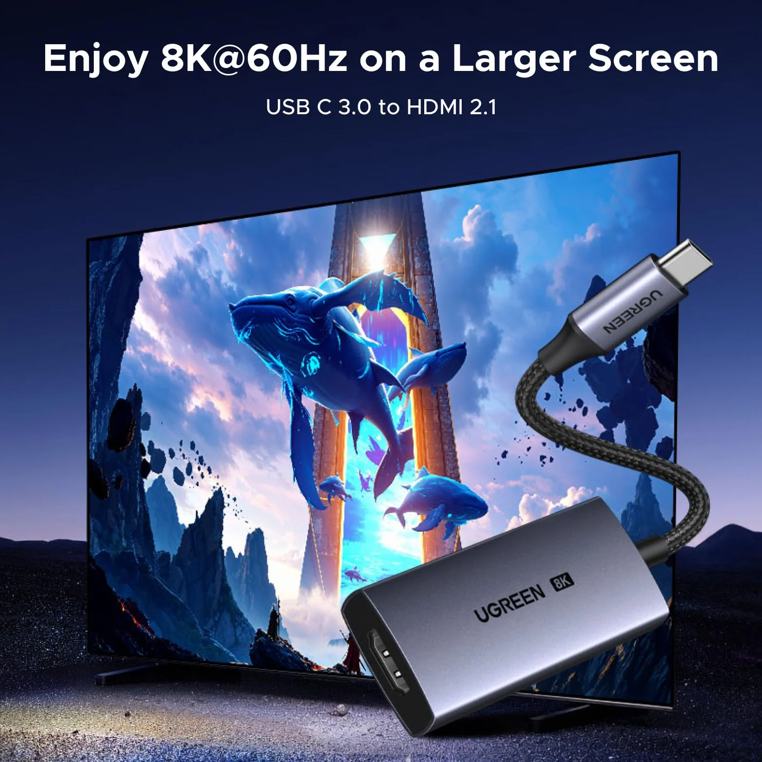 UGREEN Adapter USB-C na HDMI, HDMI 2.1, 8K przy 60 Hz, 4K przy 240/120 Hz, 1440p przy 144 Hz, Thunderbolt 5/4/3, HDR, G-Sync, kompatybilny z MacBookiem Pro M5/M4, Mac Air/Mini, iPhone'em 17/16/15