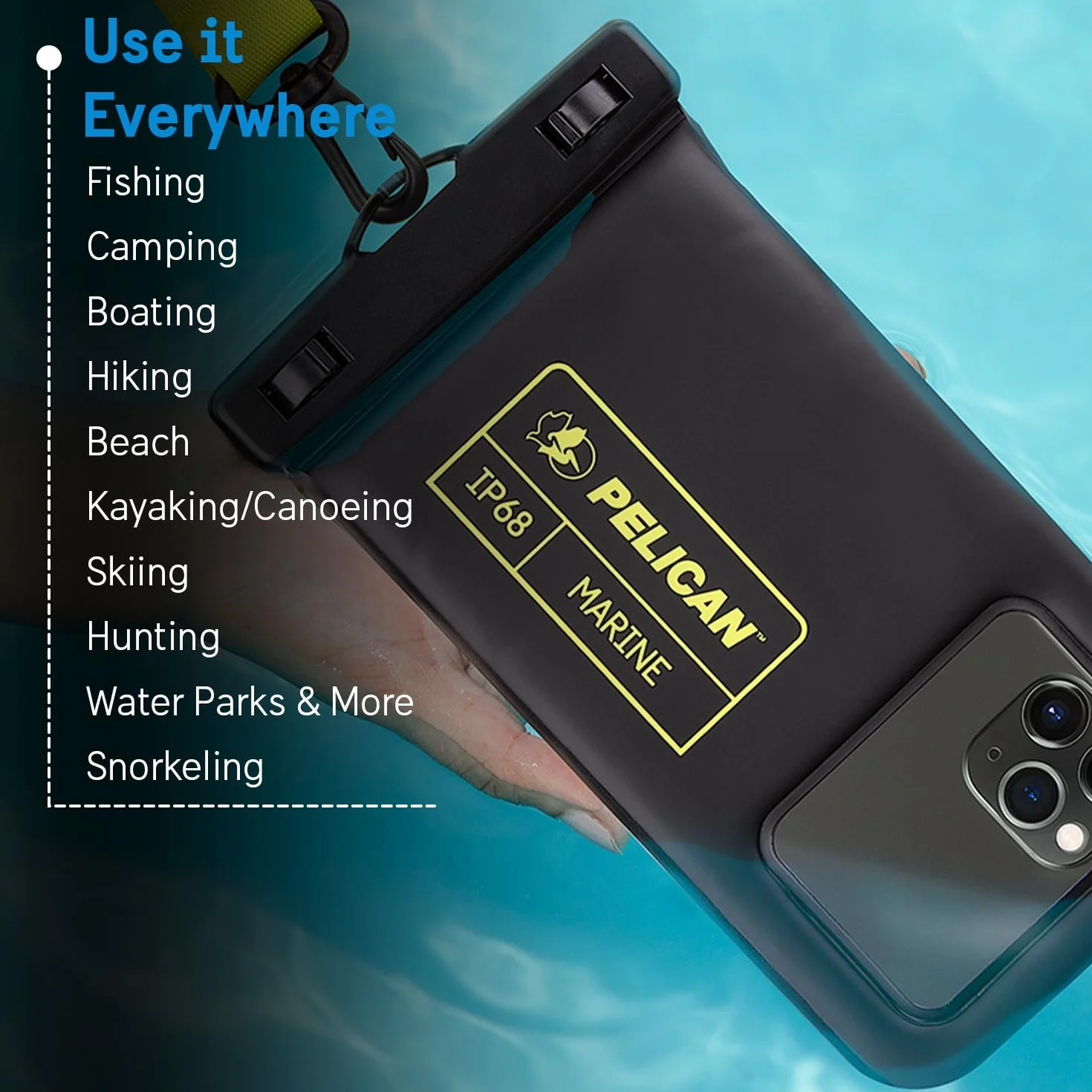 Pelican Marine - Wodoodporne etui na telefon IP68 (rozmiar regularny) - pływające wodoodporne etui na telefon iPhone 14 Pro Max/ 13 Pro Max/ 12 Pro Max/ 11/ S22 Ultra - Odpinana smycz - czarny/żółty