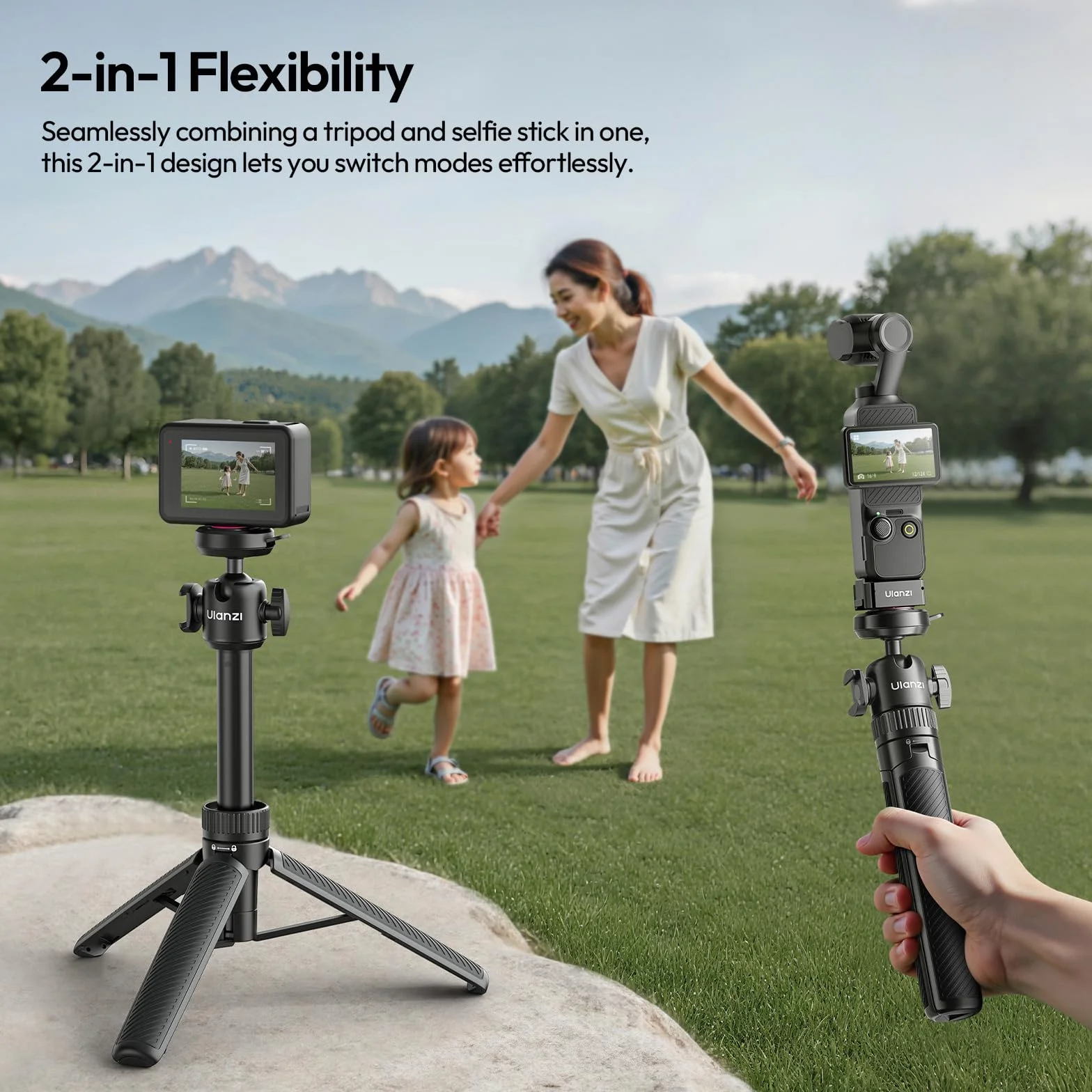 ULANZI MT90 Cka Statyw z szybkim zwalnianiem do kamery DJI Pocket 3 4/Osmo Action 5 4 3, 2-w-1 do selfie, kompatybilny z kamerami Go Pro/Insta 360 X5 Ace/Ace Pro/X4, udźwig 1,5 kg