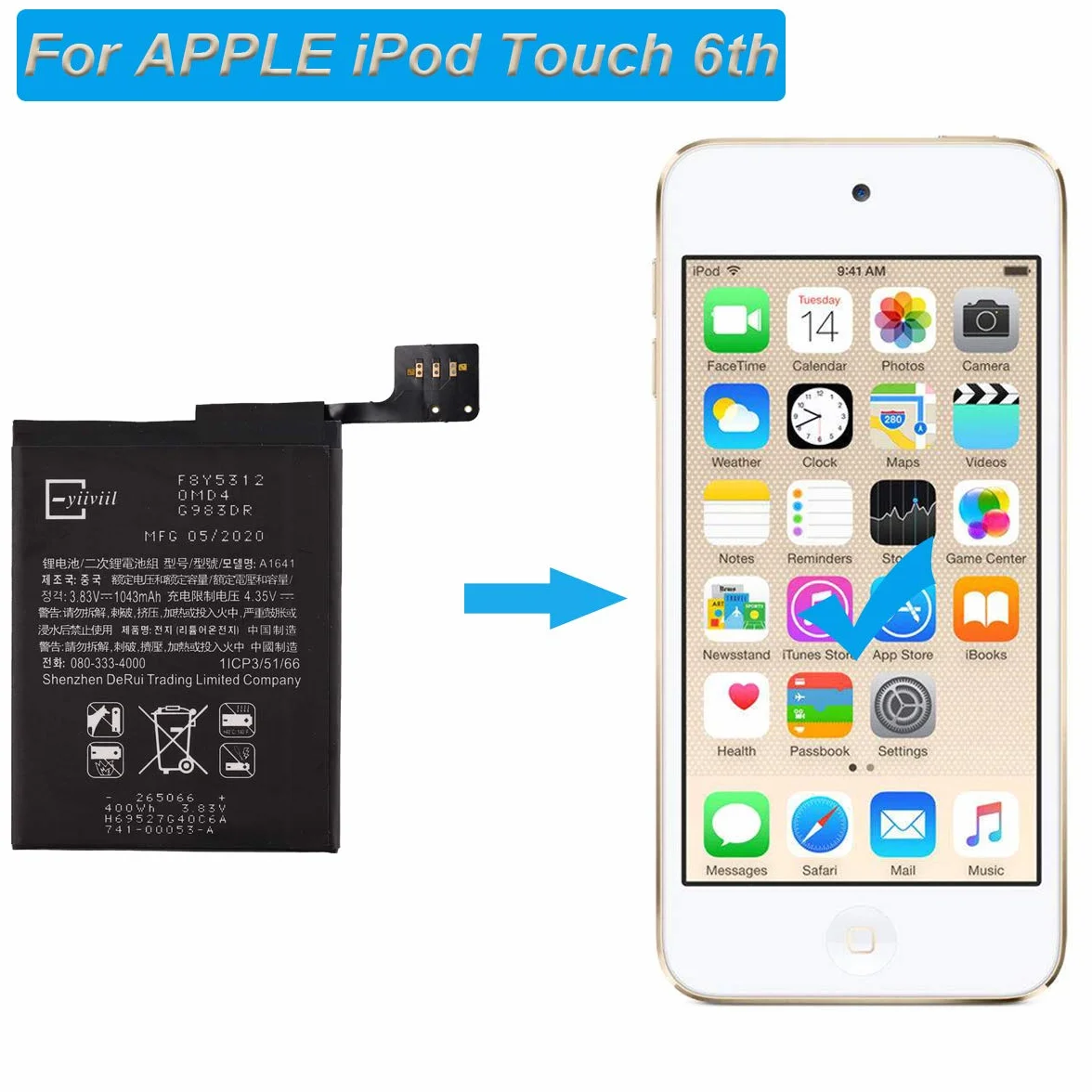 Nowa bateria zastępcza A1641 A1574 kompatybilna z Apple iPod Touch 6 6. generacji 1043 mAh 3,83 V + narzędzia