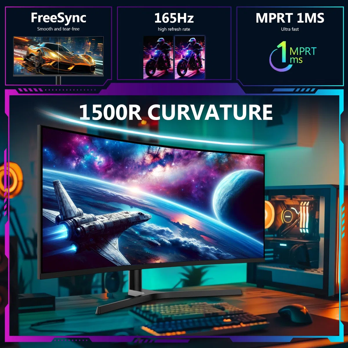 Z-Edge Monitor Gamingowy Zakrzywiony 34” 21:9 ultraszeroki UWQHD 3440x1440, 165 Hz, MPRT 1 ms, 1500R VA, FreeSync, podstawa regulowana wysokości i pochylenia, HDMI 2.0, DP 1.4, oświetlenie RGB