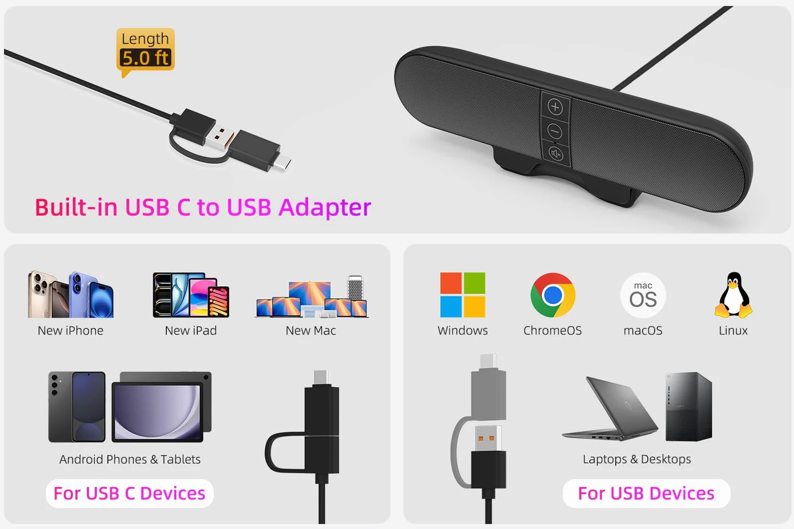 Głośniki komputerowe do monitora stacjonarnego, wtyczka USB, przewodowe, soundbar komputerowy do PC, głośniki do laptopa z przełączaniem kanałów adaptacyjnych, głośny dźwięk, głęboki bas, adapter USB