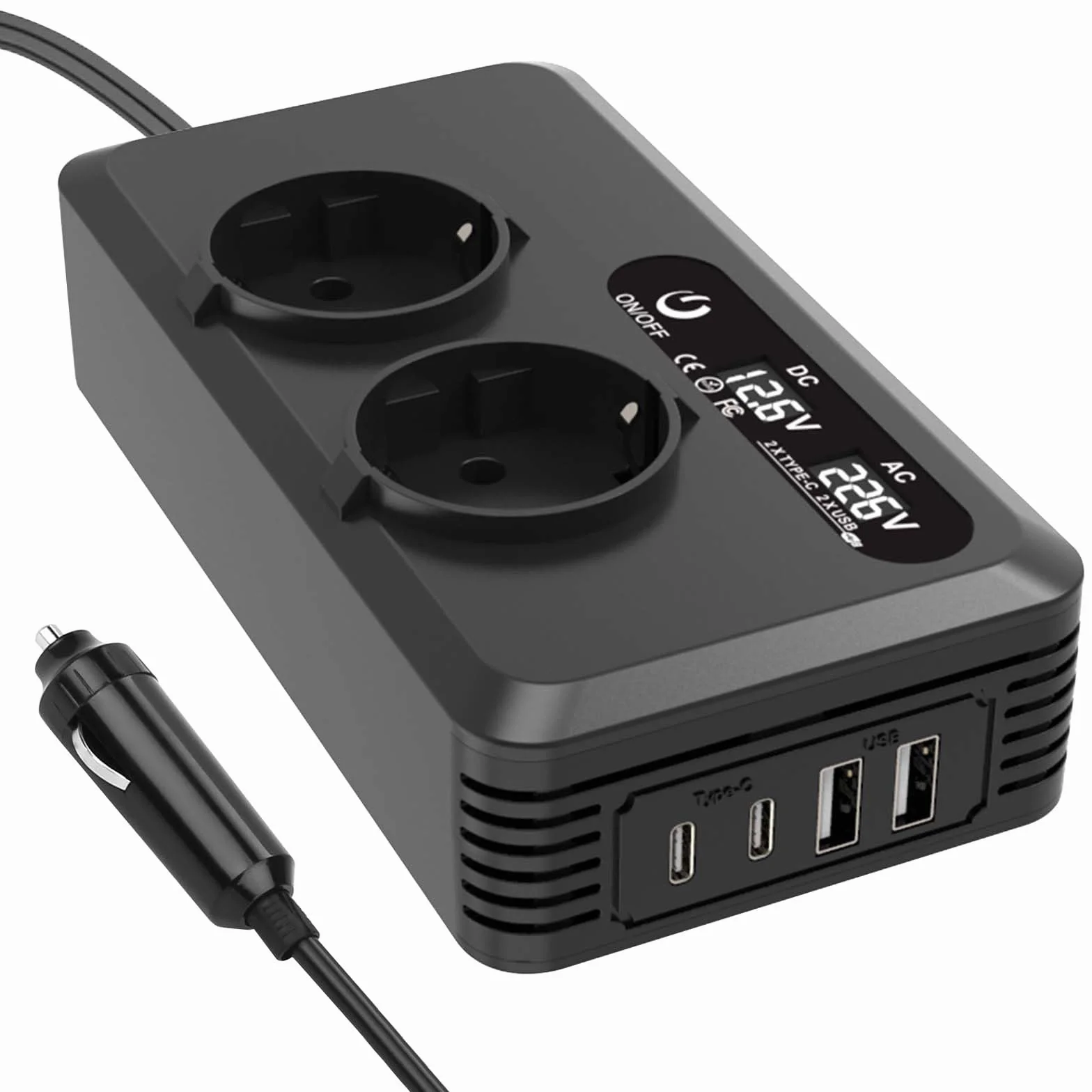 Samochodowa przetwornica napięcia 200 W, falownik 12 V na 220 V z 2 gniazdami ładującymi, 2 portami USB i 2 typami C, adapter do gniazda zapalniczki samochodowej, do telefonów komórkowych, laptopów