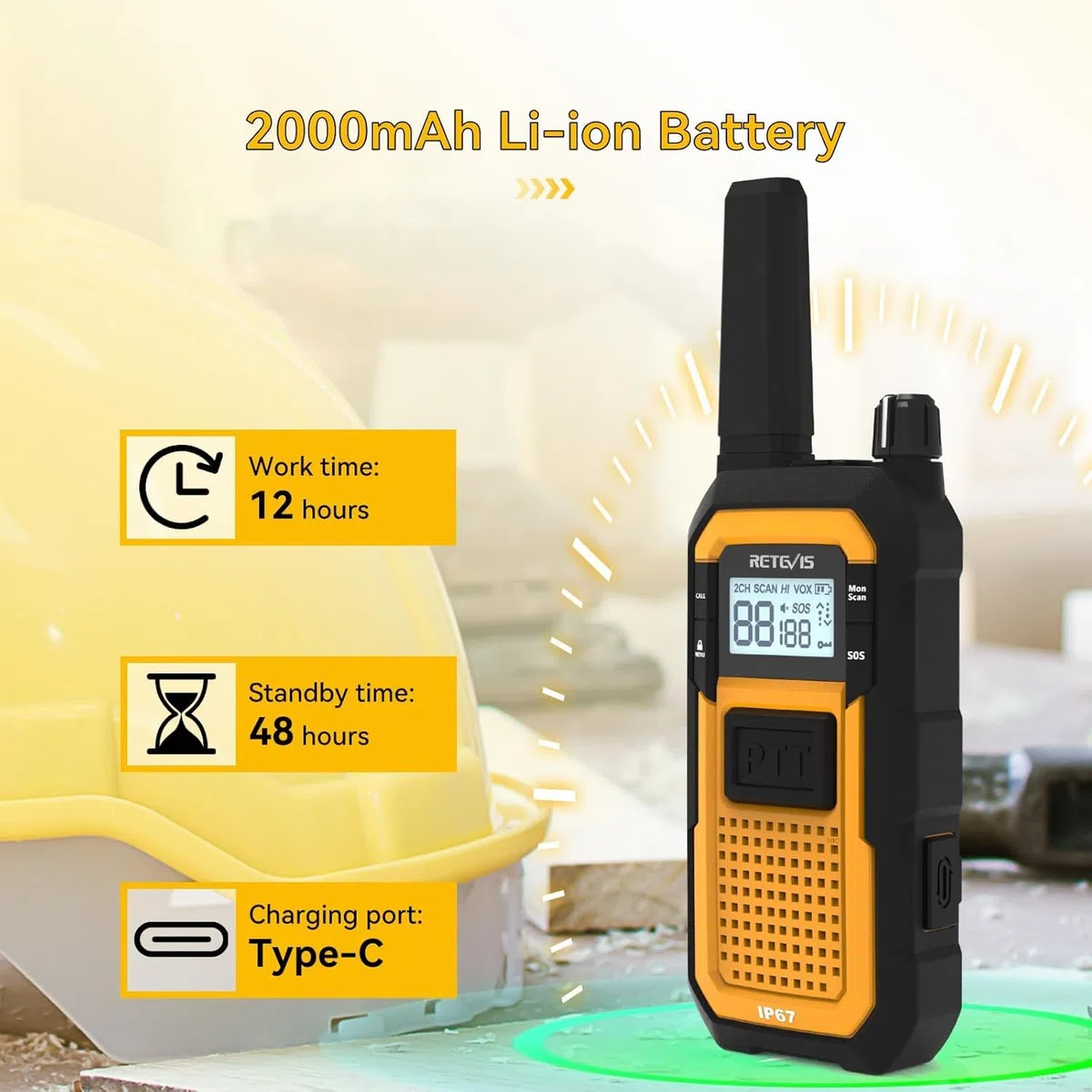 Retevis RB648 Krótkofalówka IP67, Radio Dwukierunkowe Dalekiego Zasięgu, MIL-STD-810H, Wodoodporne, Pyłoszczelne i Odporne na Upadki, Akumulator 2000 mAh, Alarm SOS, Heavy Duty, Do Przemysłu (4 Szt.)