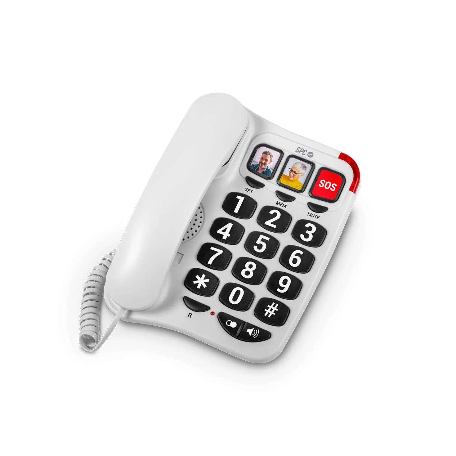 SPC Comfort Numbers 2 – telefon stacjonarny dla seniorów z dużymi przyciskami, 3 bezpośrednie wspomnienia ze zdjęciami, bardzo duża głośność, kompatybilny z aparatami słuchowymi, sygnałami świetlnymi,