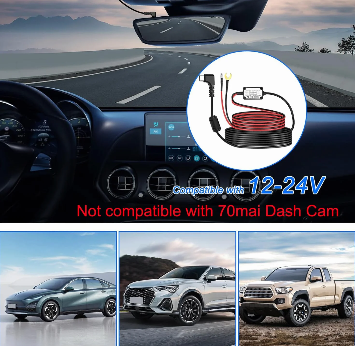 Zestaw do kamery samochodowej Hardwire Adapter USB typu C Micro/Mini USB 12 V-24 V do 5 V z kablama bezpiecznikowymi i narzędziem
