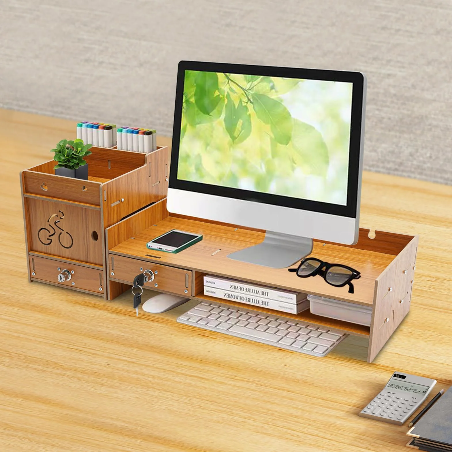 Stojak pod monitor z uchwytem na telefon komórkowy i szufladą, półka, 48 x 20 x 13,5 cm, drewniana podstawa, stojak na laptopa, laptopa, notebooka, drukarki