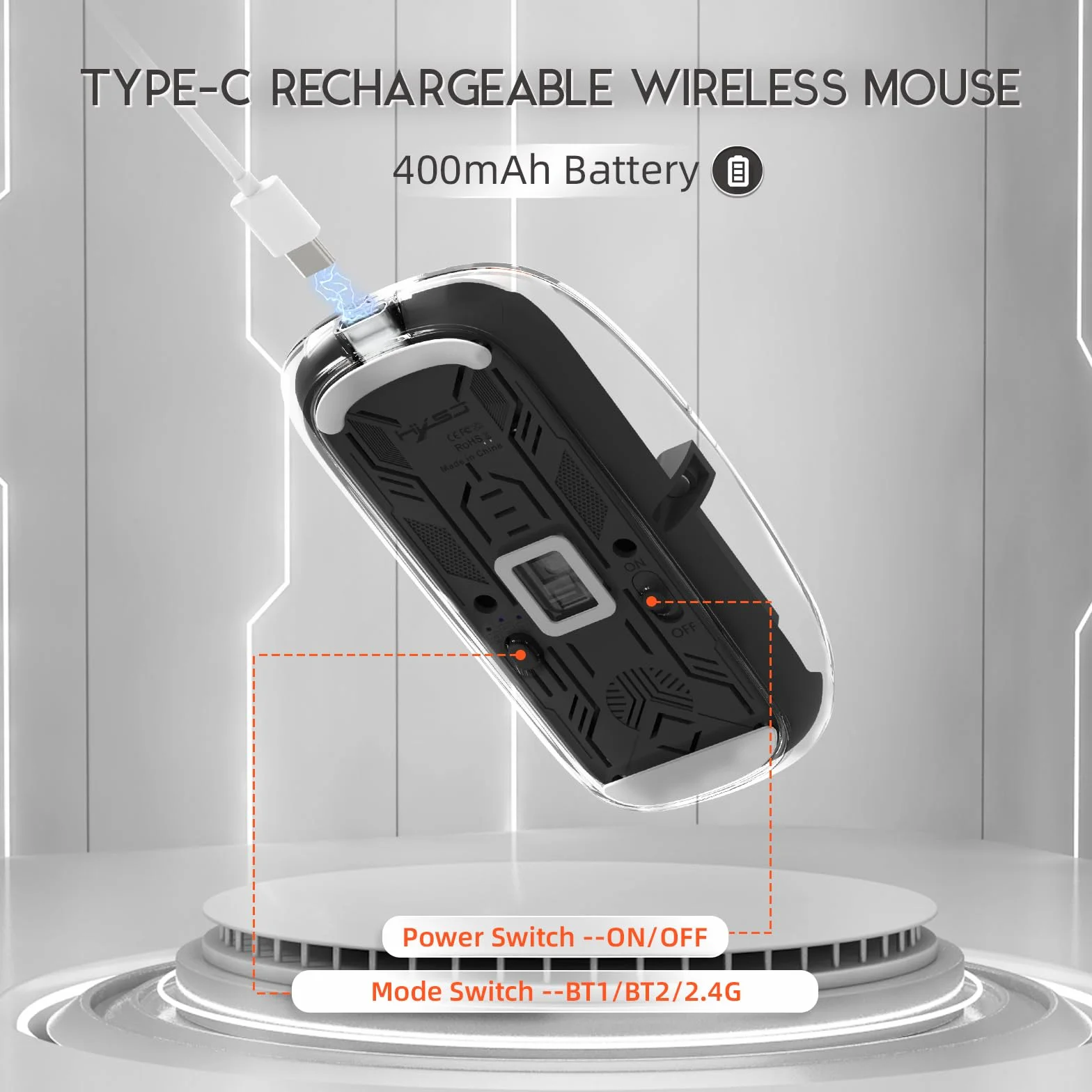 MAGIC-REFINER Bezprzewodowa mysz Akumulator, 2.4Ghz i Bluetooth 5.0 Cicha Bezprzewodowa Mysz Optyczna Ultra Slim 2400 DPI, Mysz Gaming Przezroczysty, Widoczna Bateria, na Laptop/PC/Mac, Czarny