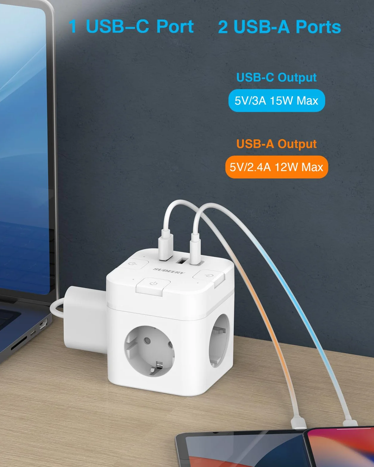 Listwa zasilająca 6 w 1 z gniazdem USB C, 3-krotna listwa zasilająca, płaska wtyczka z pojedynczym przełączaniem, kostki z kablem 2 m, 1 wtyczka USB typu C, do biura, domu, podróży (biała)