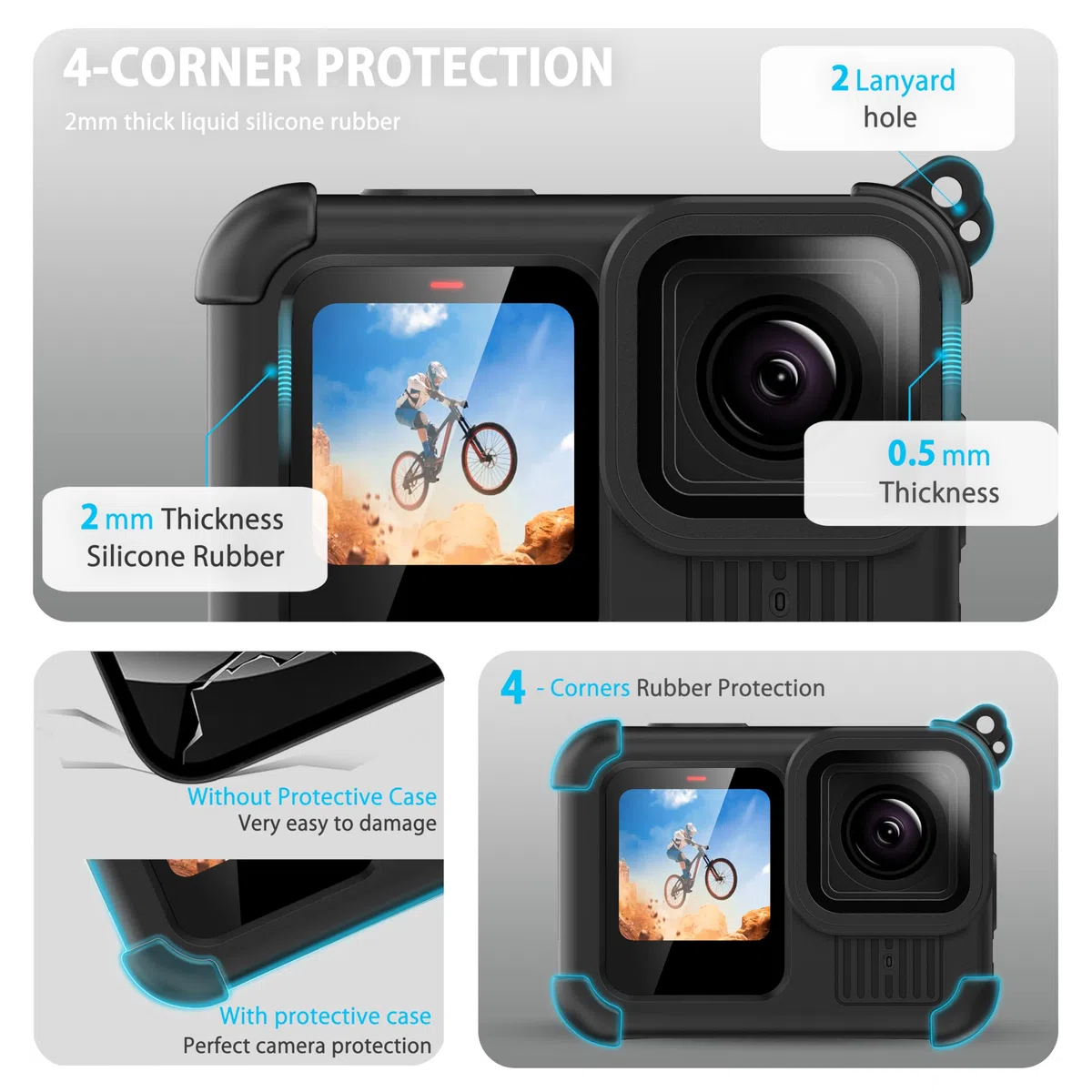 FitStill Czarny silikonowy zestaw ochronny do Go Pro Hero 13, czarny, silikonowa osłona obiektywu, osłona ekranu i regulowany pasek, zestaw akcesoriów do Go Pro Hero 13, czarny