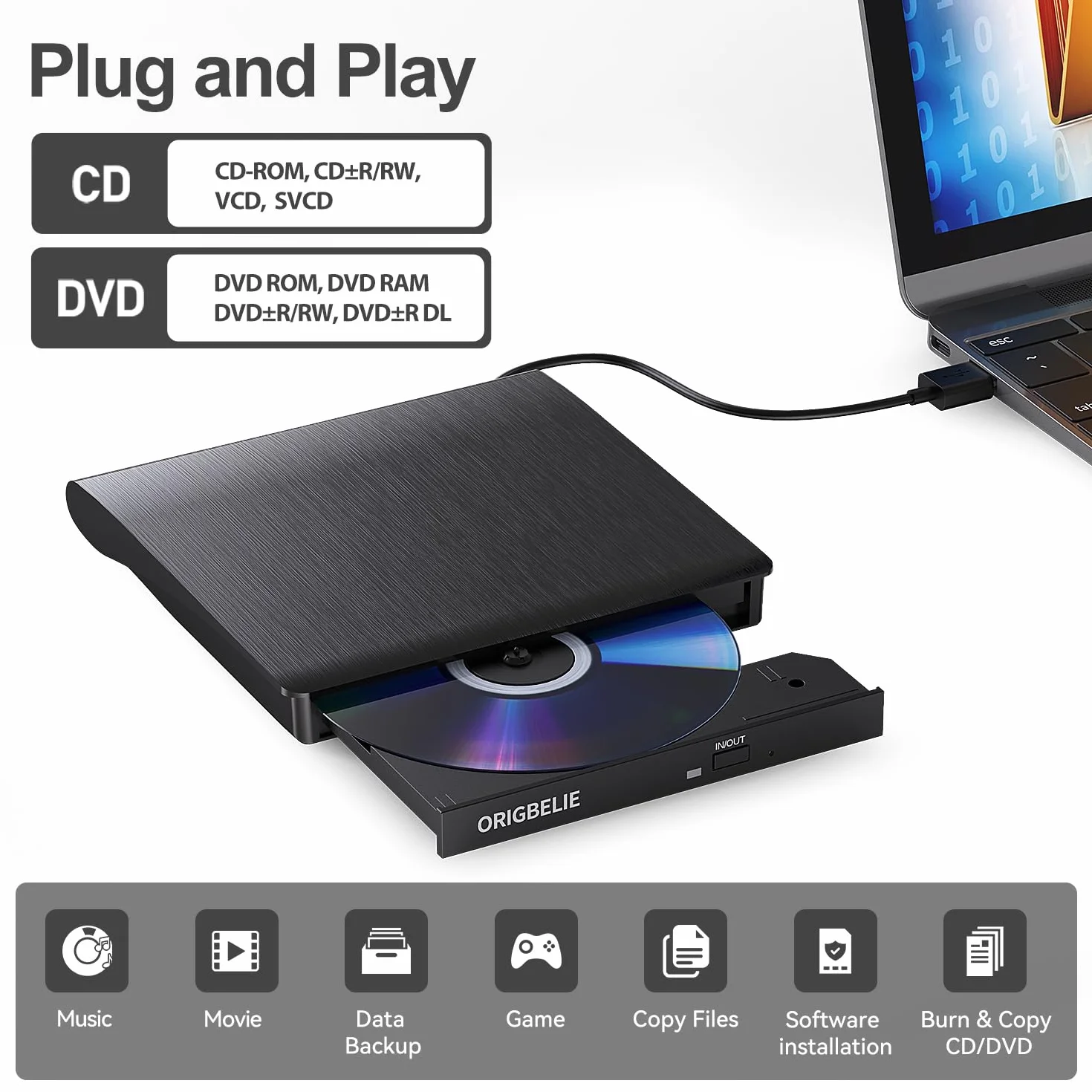 ORIGBELIE Zewnętrzny napęd CD/DVD dla laptopa, USB 3.0 nagrywarka CD +/-RW CD ROM Zewnętrzny napęd DVD Przenośny odtwarzacz DVD dla laptopa, komputera stacjonarnego PC Apple Mac Windows 11/10/8/7/XP