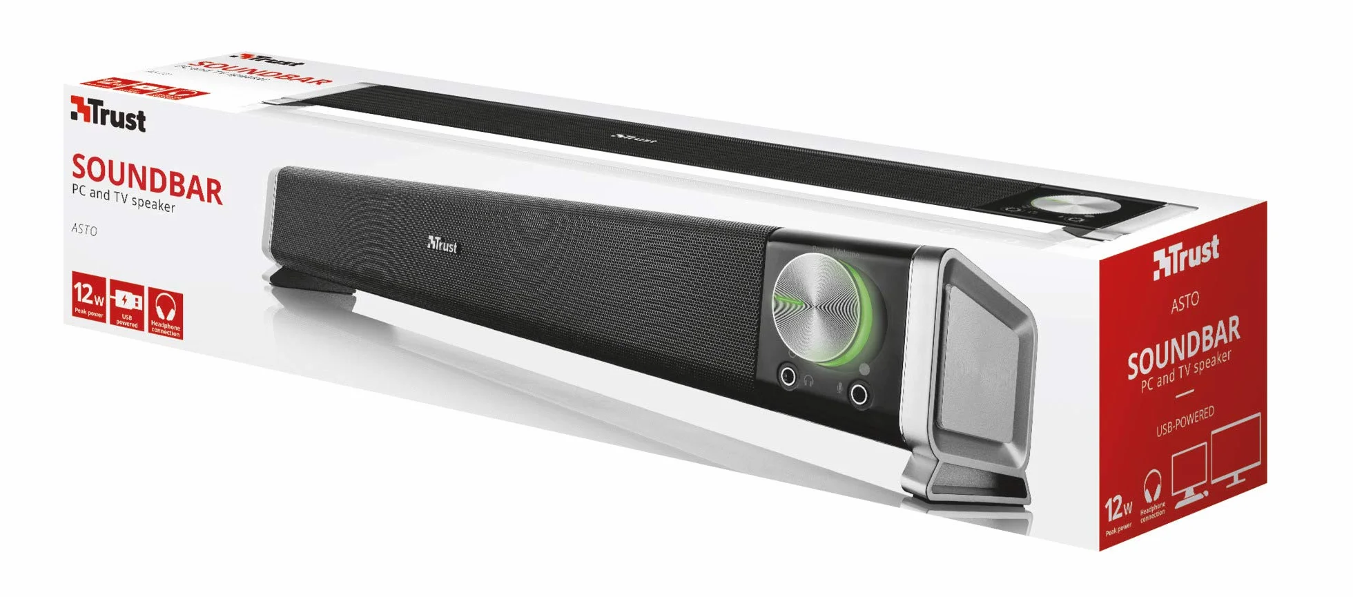 Trust Asto 12 W głośnik PC Soundbar, ze złączami do słuchawek i mikrofonu, zasilanie USB, system audio do komputera, laptopa, telewizora - czarny
