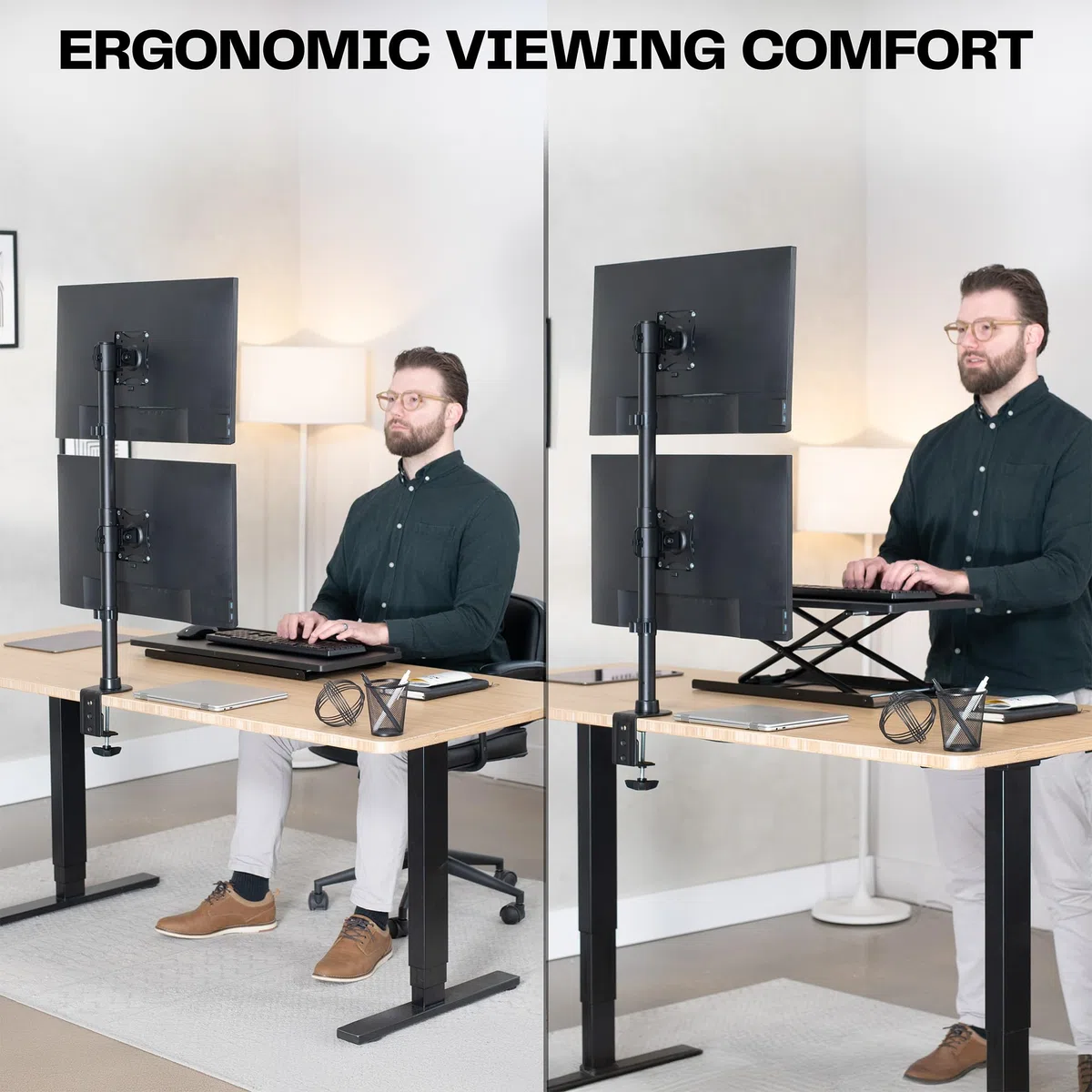VIVO STAND-V002R podwójny stojak na biurko z regulacją wysokości i płytkami VESA do 2 ekranów LCD Ultrawide do 34", układ ułożony w stos