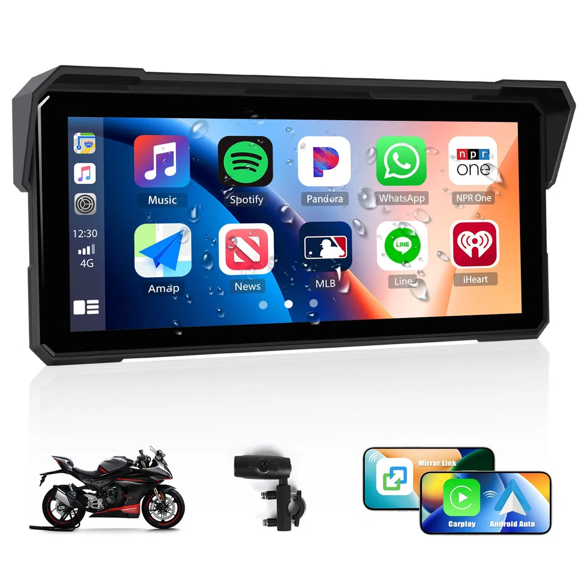 CAMECHO 8,1-calowy ekran motocyklowy HD IP68 z funkcją Dash Cam CarPlay i Android Auto bezprzewodowo oraz mirrorowaniem iOS/Android i Bluetooth – uniwersalna pionowa mocowanie z tapetami