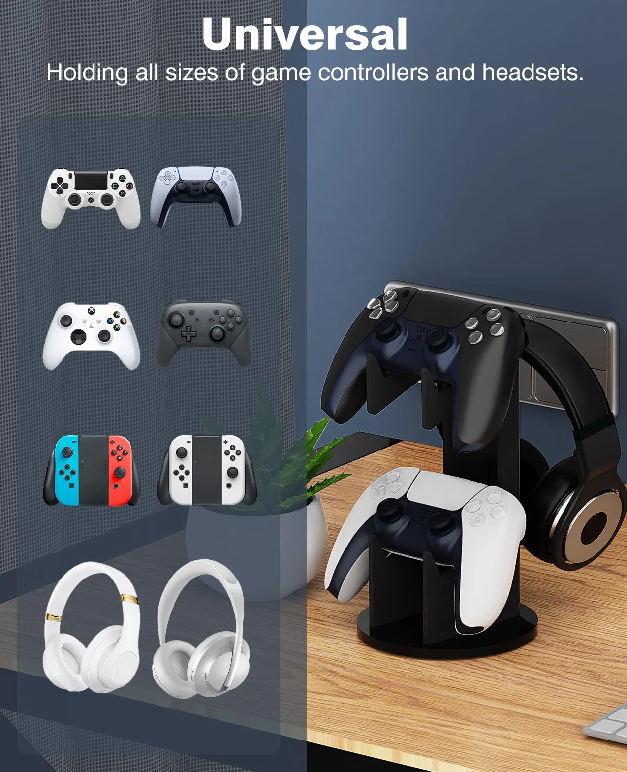 MoKo 2 in 1 Universal Stand for Gamepad and Headphone, Controller Holder for Switch/Switch 2, PS5, PS4, Xbox One, Xbox Series, Black