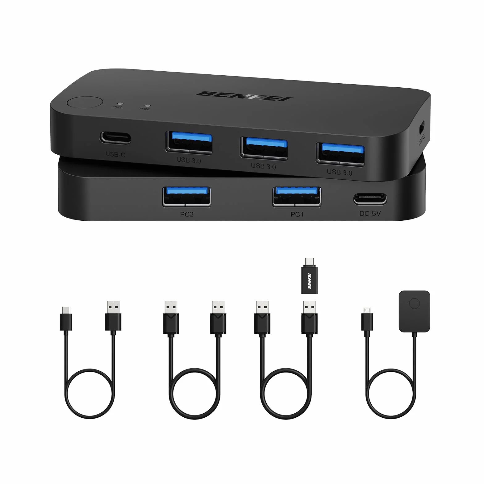 BENFEI przełącznik USB 2 komputery Udostępnij 3*USB 3.0, 1*USB C z pilotem do PC Klawiatura z myszką Drukarka Skaner, Selektor przełącznika USB KVM Zgodny z systemami Windows, Mac, Linux